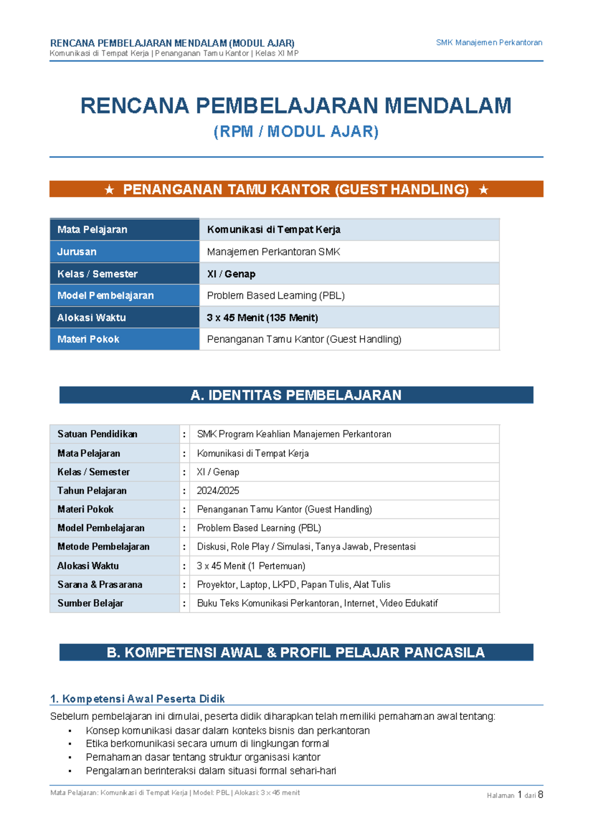 RPM Modul Ajar: Penanganan Tamu Kantor Kelas XI MP SMK Manajemen ...
