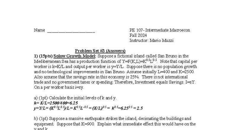 PS#3: Intermediate Macroeconomics Problem Set Answers - Fall 2024 - Studocu