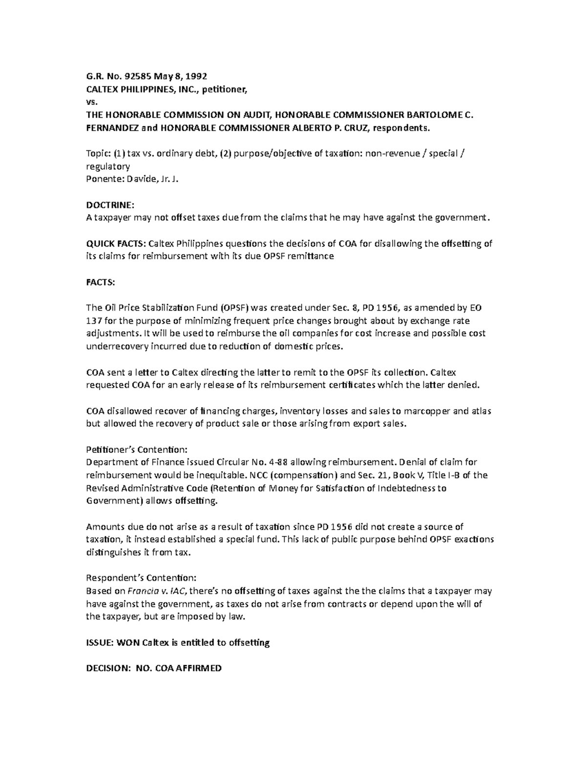 Caltex v COA G.R. No. 92585 Case Digest on Tax Offsetting Issues - Studocu