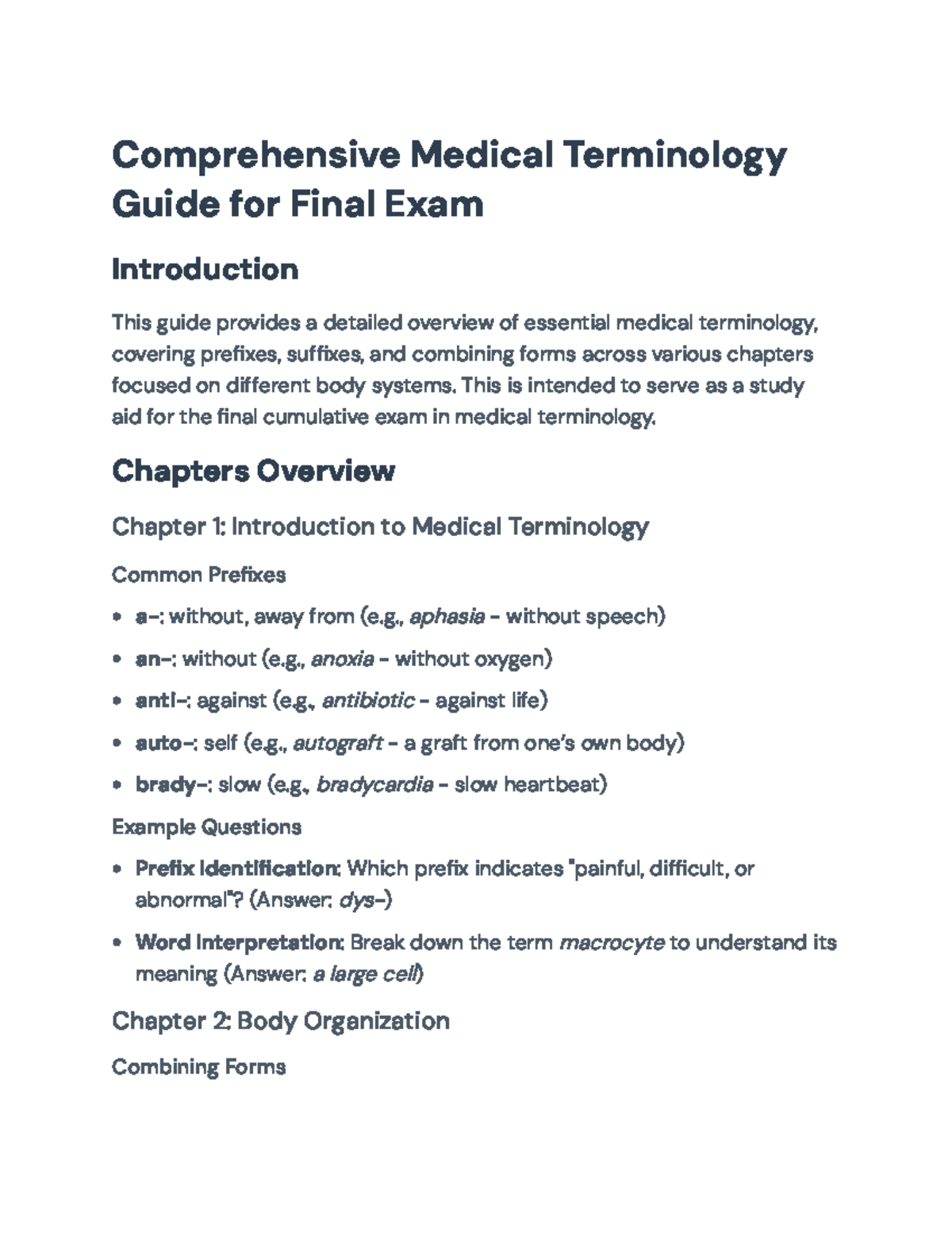 Comprehensive Medical Terminology Study Guide for Final Exam (MED100 ...