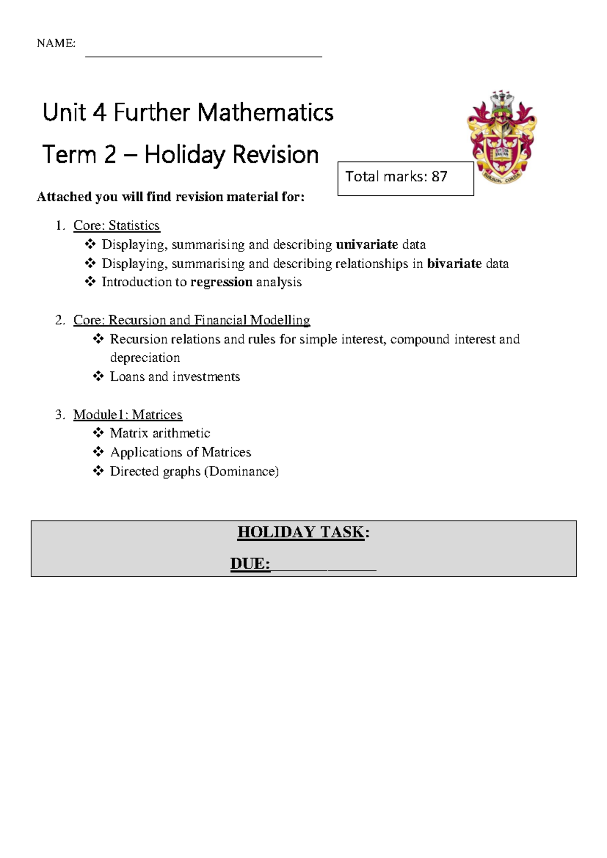 Term 2 Holiday Revision for Further Mathematics (Unit 4) - Studocu