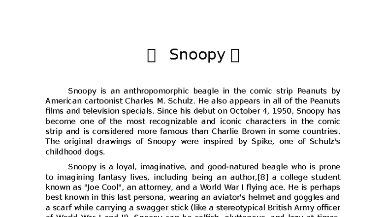 Snoopy: The Iconic Beagle of Peanuts - Character Analysis - Studocu