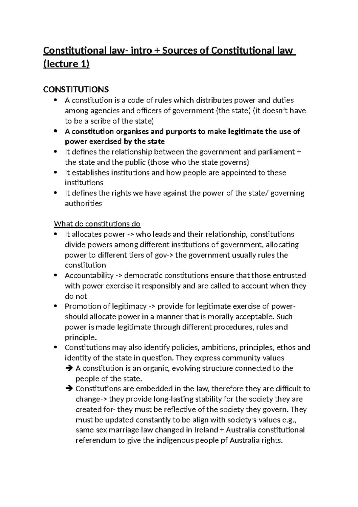 Constitutional Law (LAW101) Lecture Notes: Sources & Structure - Studocu