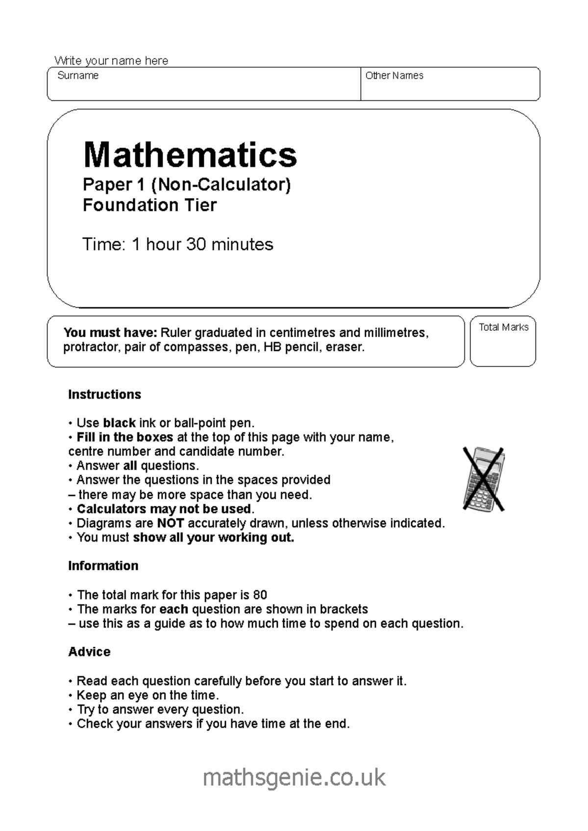 1fpred 23 - Maths - Write your name here Surname Other Names You must ...