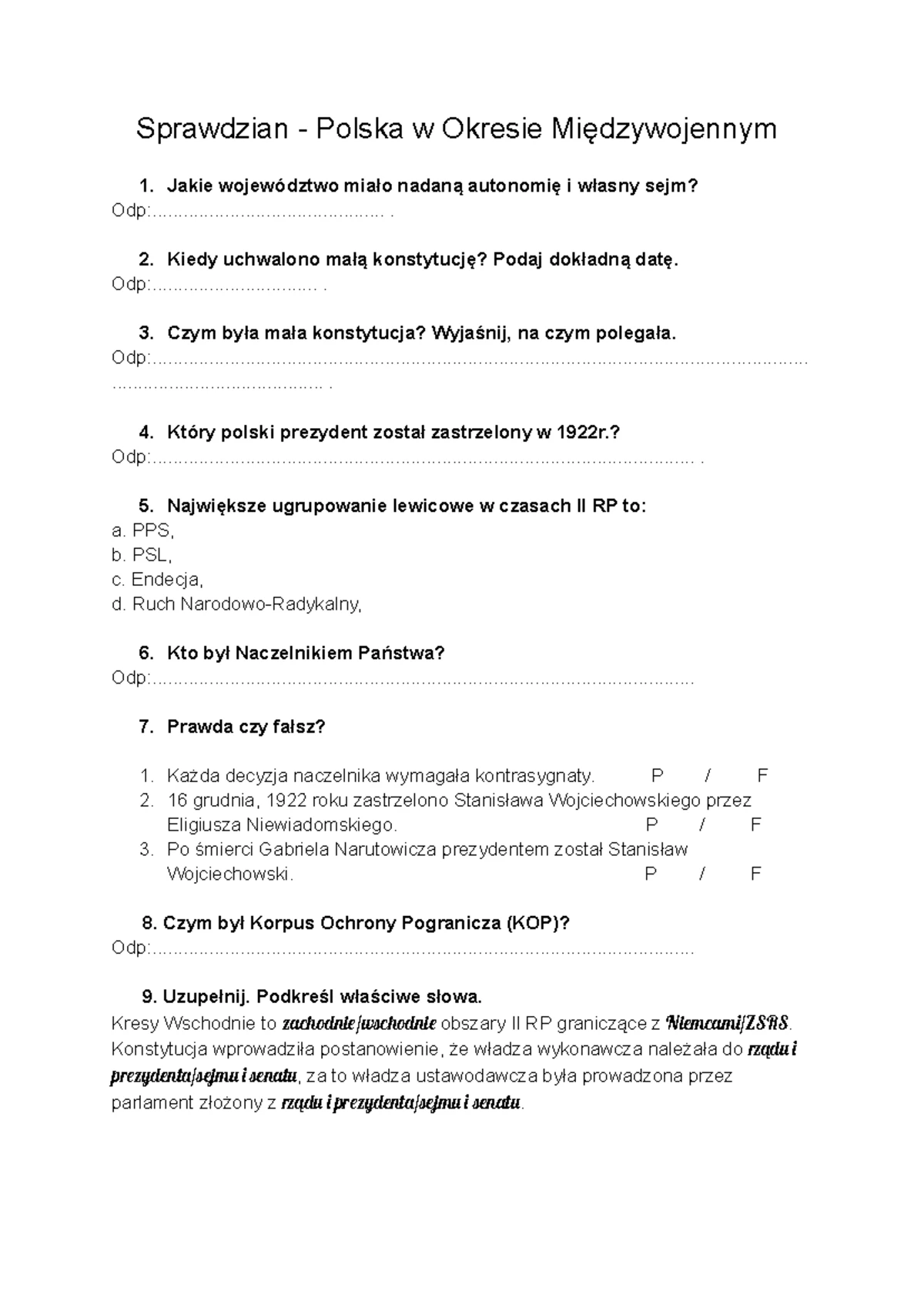 Klasa 4, dział 3 - Wojny i upadek Rzeczypospolitej - RozwiĄŻ - Klasa 4