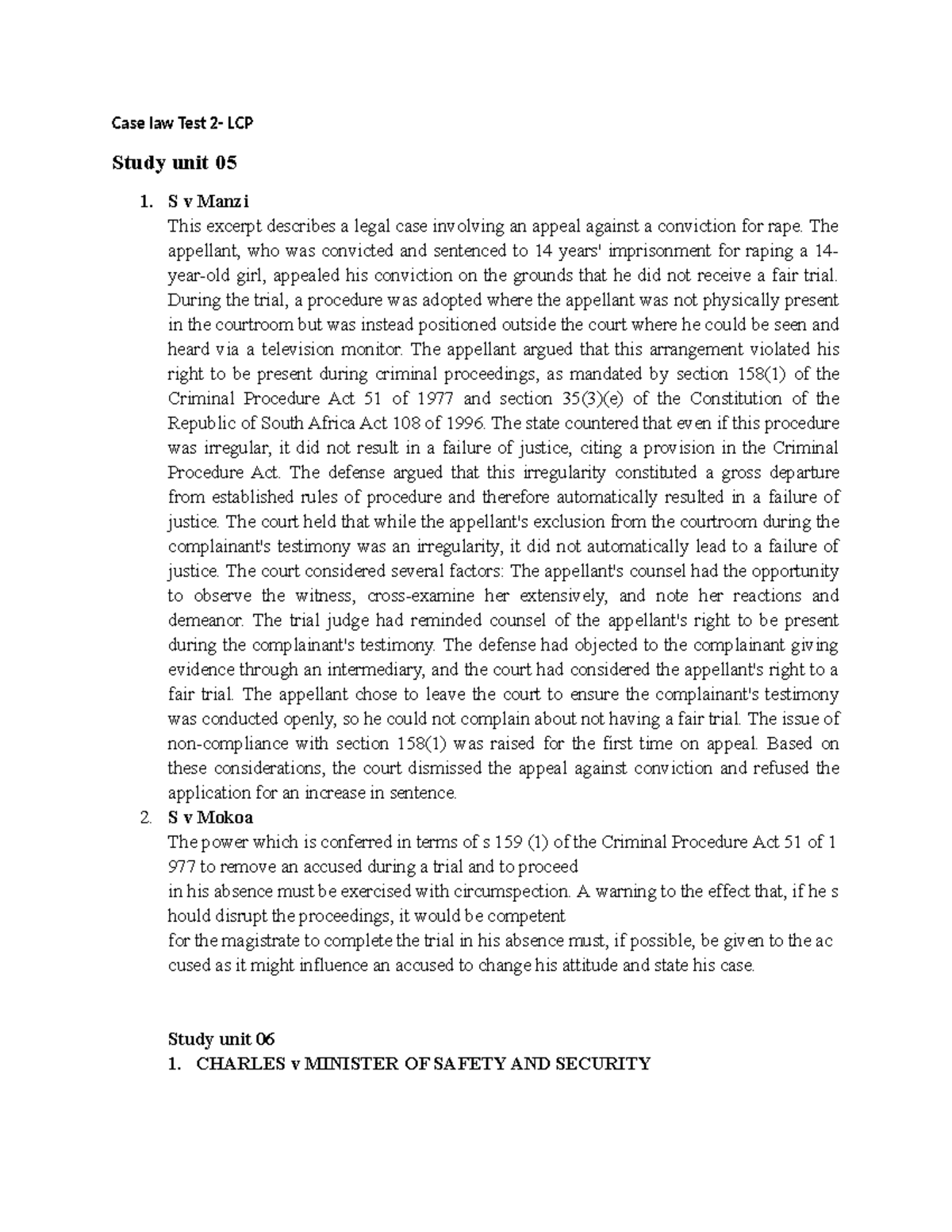 Case Law Test 2 Summary for LCP - Law of Criminal Procedure Review ...