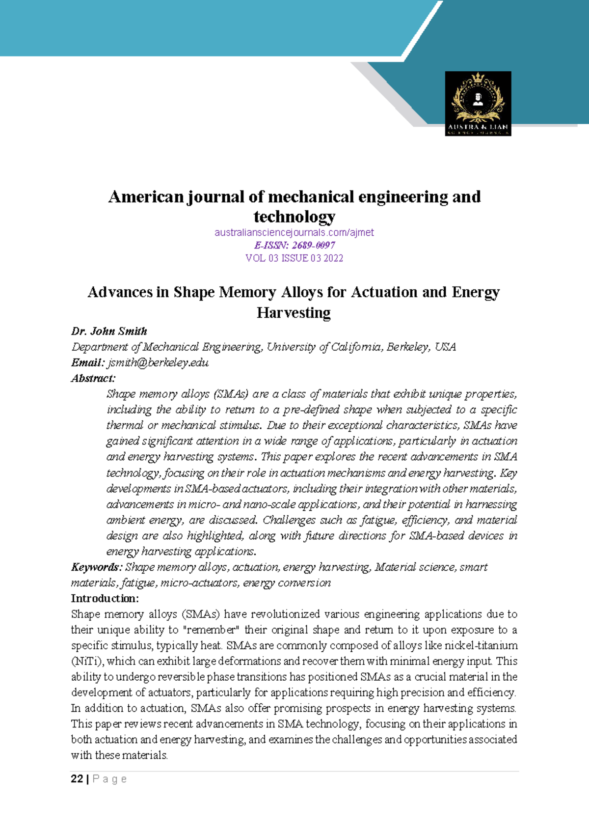 Advances in Shape Memory Alloys for Actuation & Energy Harvesting (ME ...