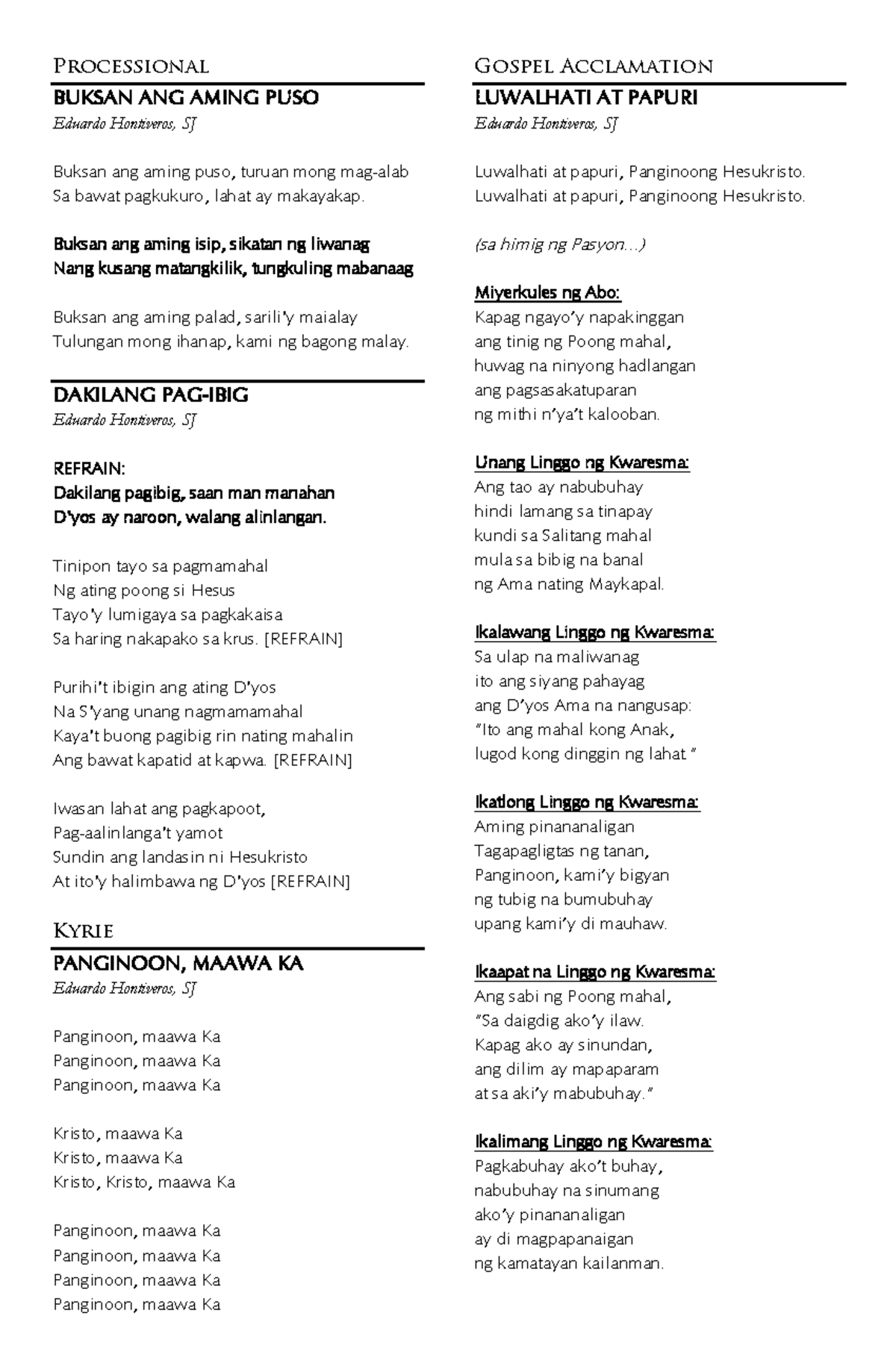 Lenten Line-Up: Processional Gospel Acclamation & Hymns - Studocu