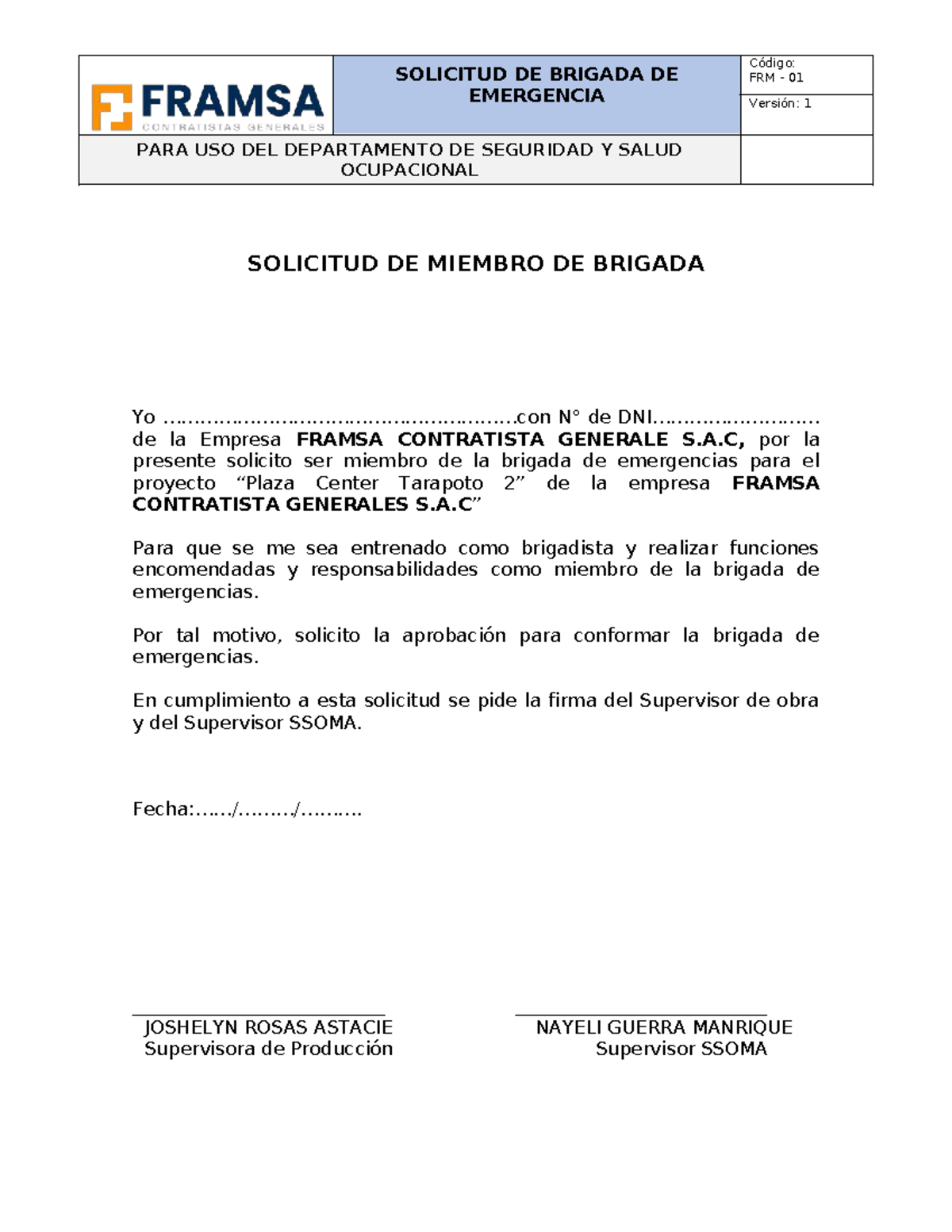 Solicitud de Miembro de Brigada de Emergencia - FRM 01 - Studocu