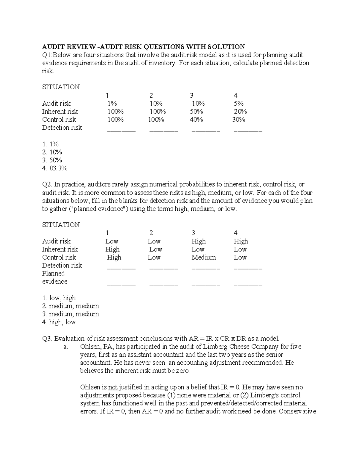 Audit Review - Audit Risk Model Questions & Solutions 2024 - Studocu