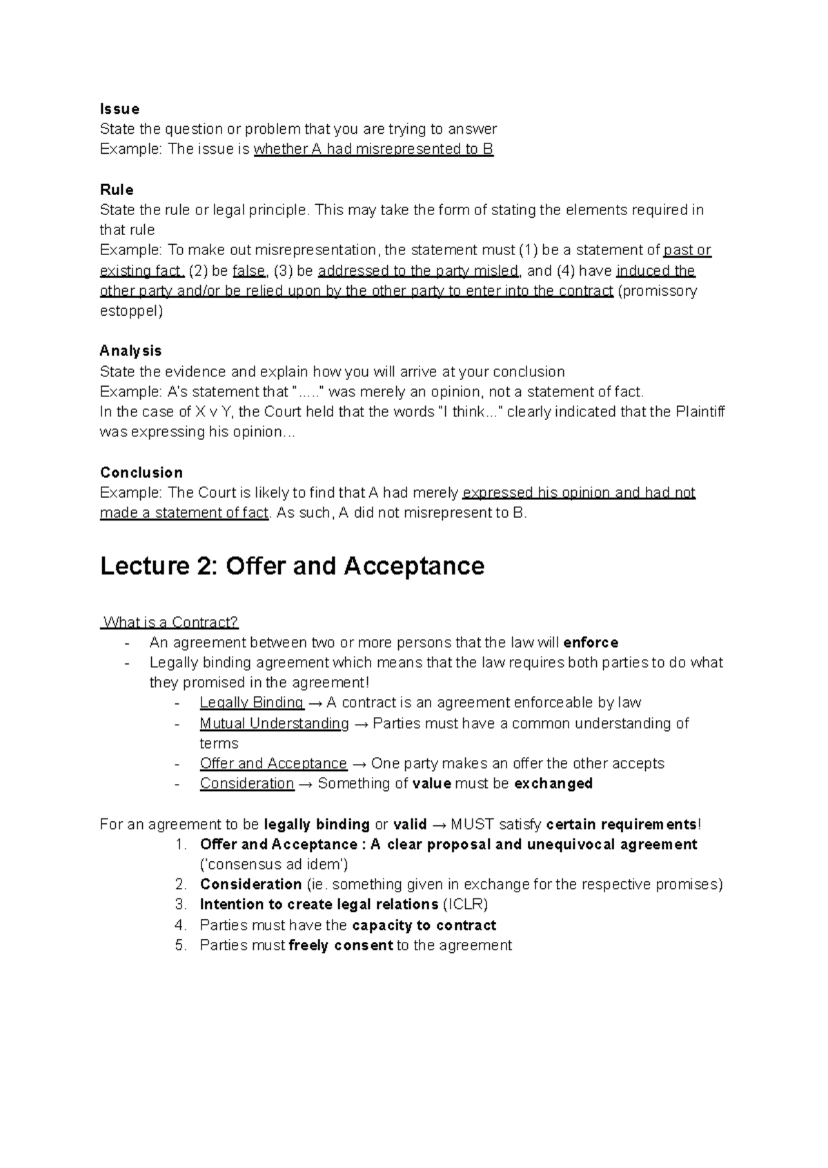 Contract Law Notes: Lecture 2 - Offer & Acceptance Concepts - Studocu