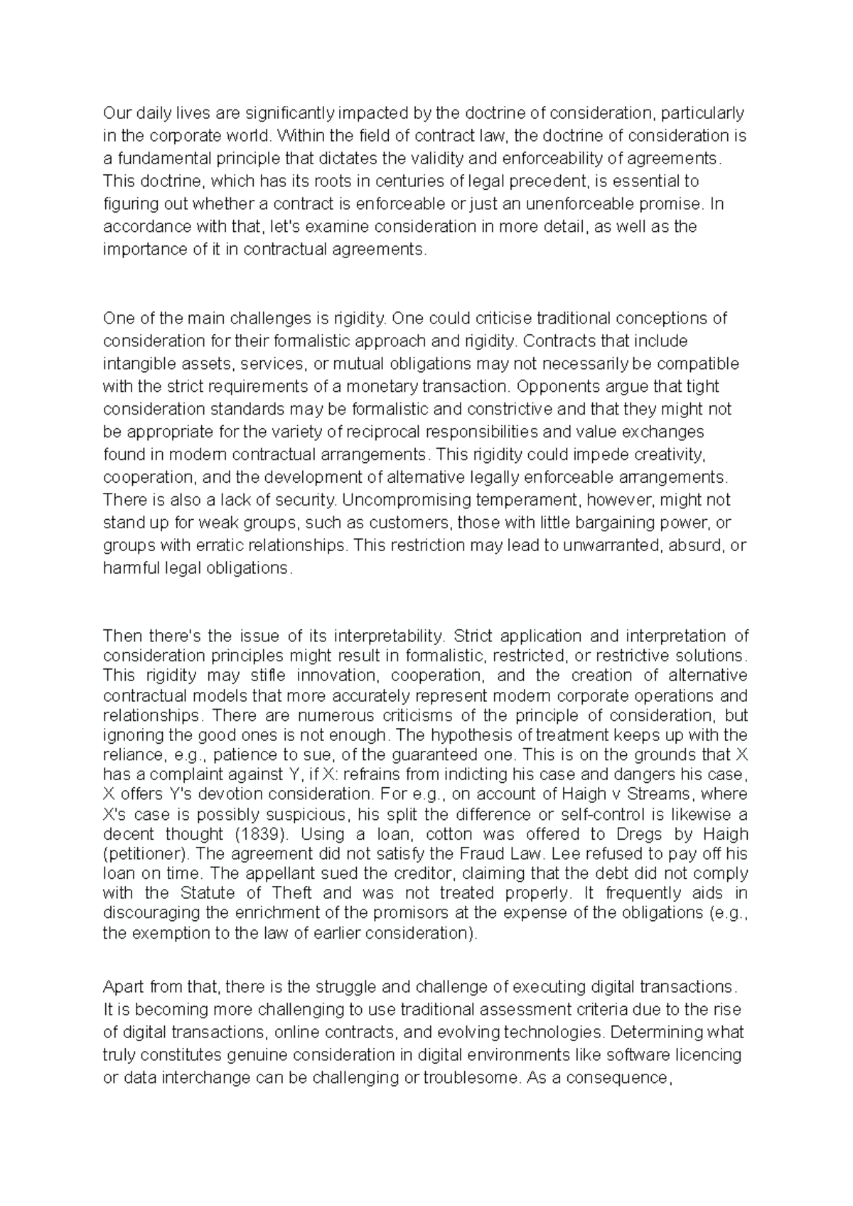 Analysis of the Doctrine of Consideration in Contract Law - Studocu