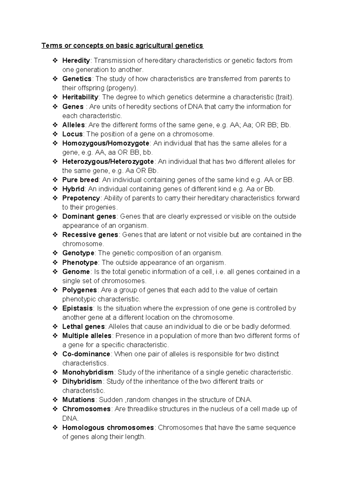 Genetics Notes for Agricultural Sciences (AGR 12) - Key Concepts and ...