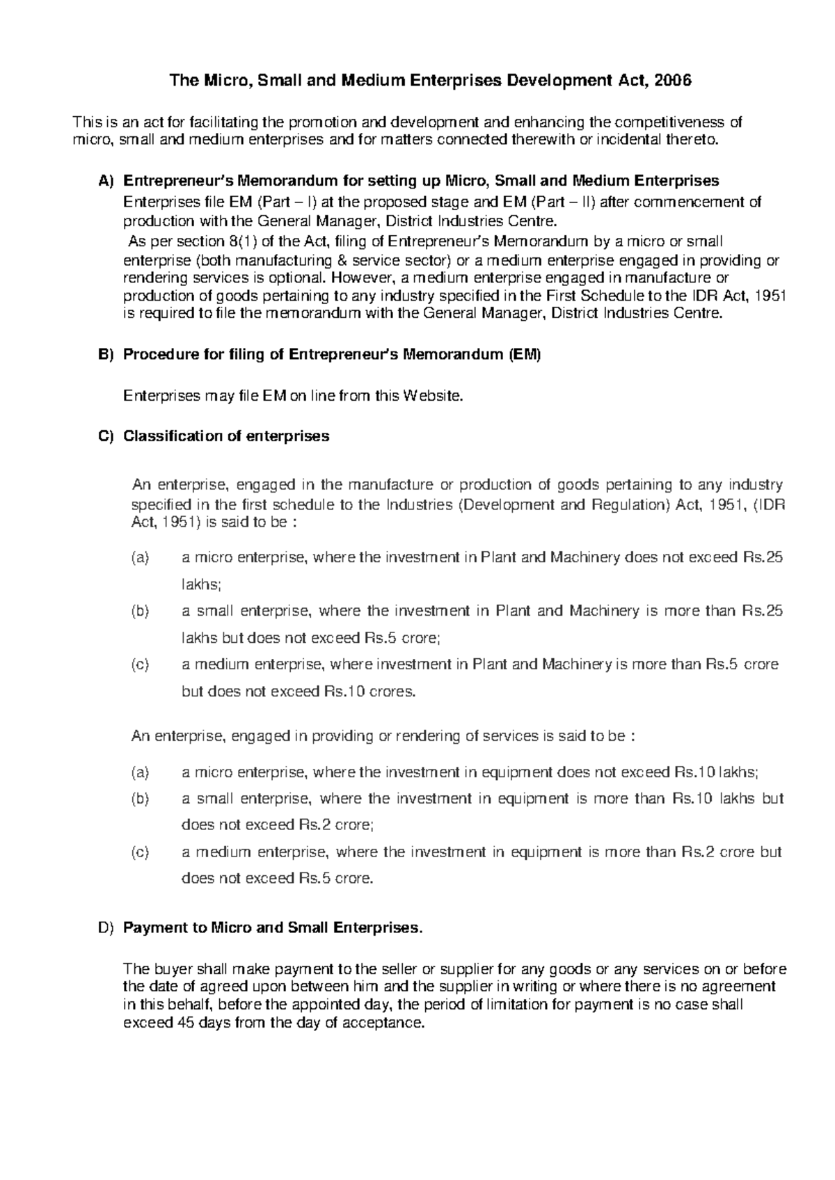 Act msme msmed act - Bare act - The Micro, Small and Medium Enterprises ...