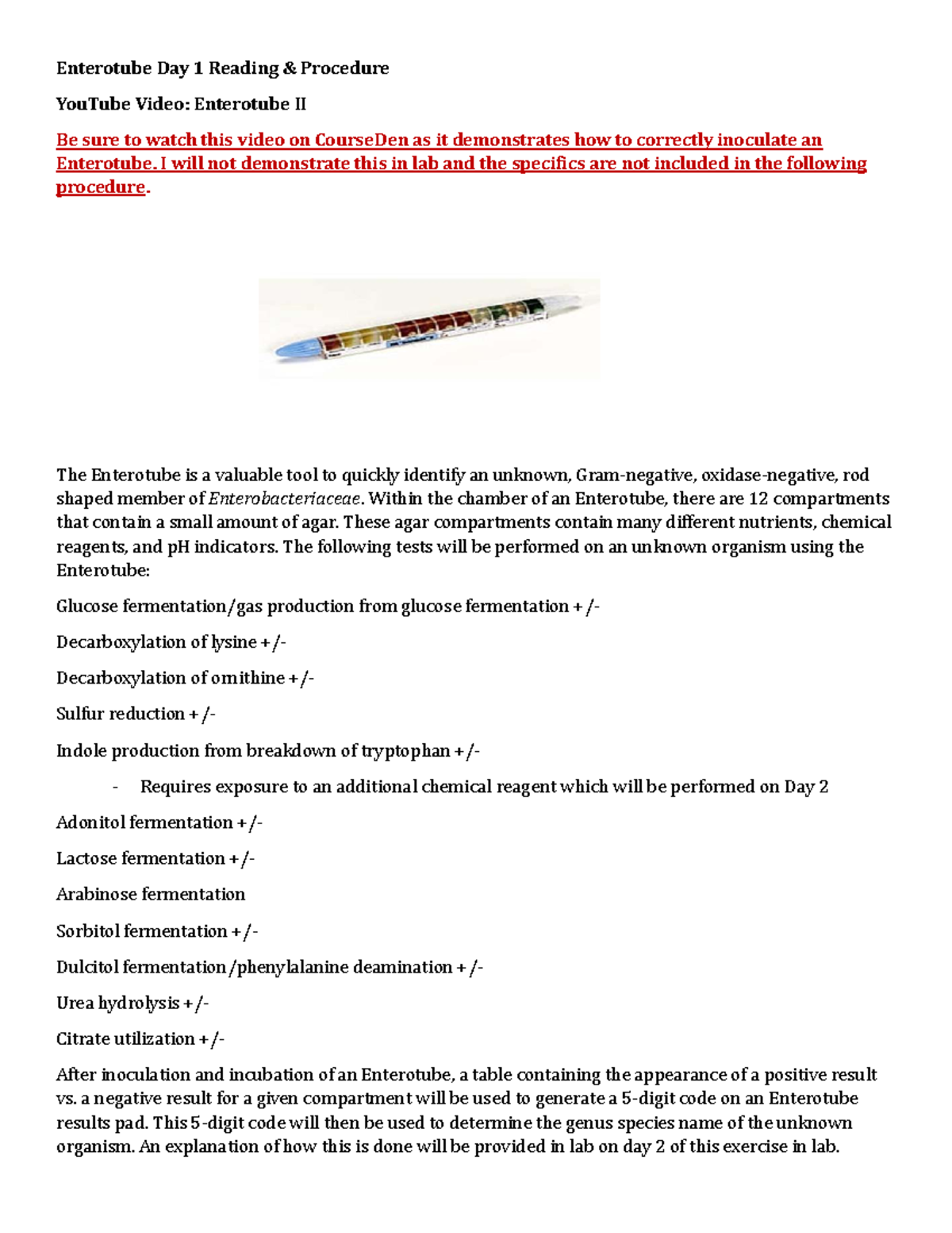 Enterotube II Day 1 Reading & Inoculation Procedure Guide - Studocu