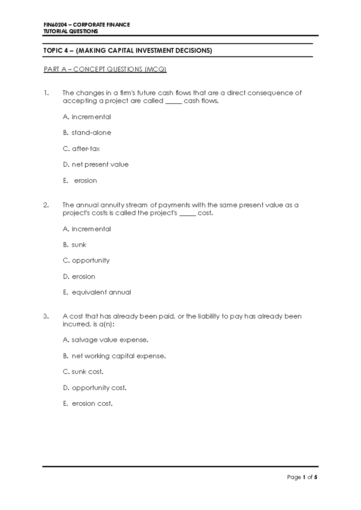 Tutorial 4 - Capital Investment Decisions MCQs and Problems - Studocu