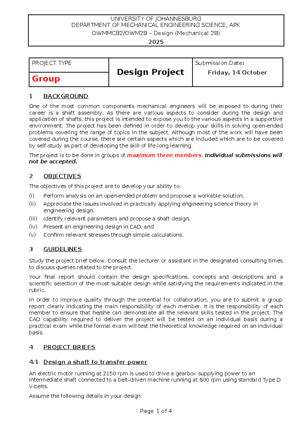 Design Project: Mechanical Engineering 2B - Shaft Assembly 2025 - Studocu