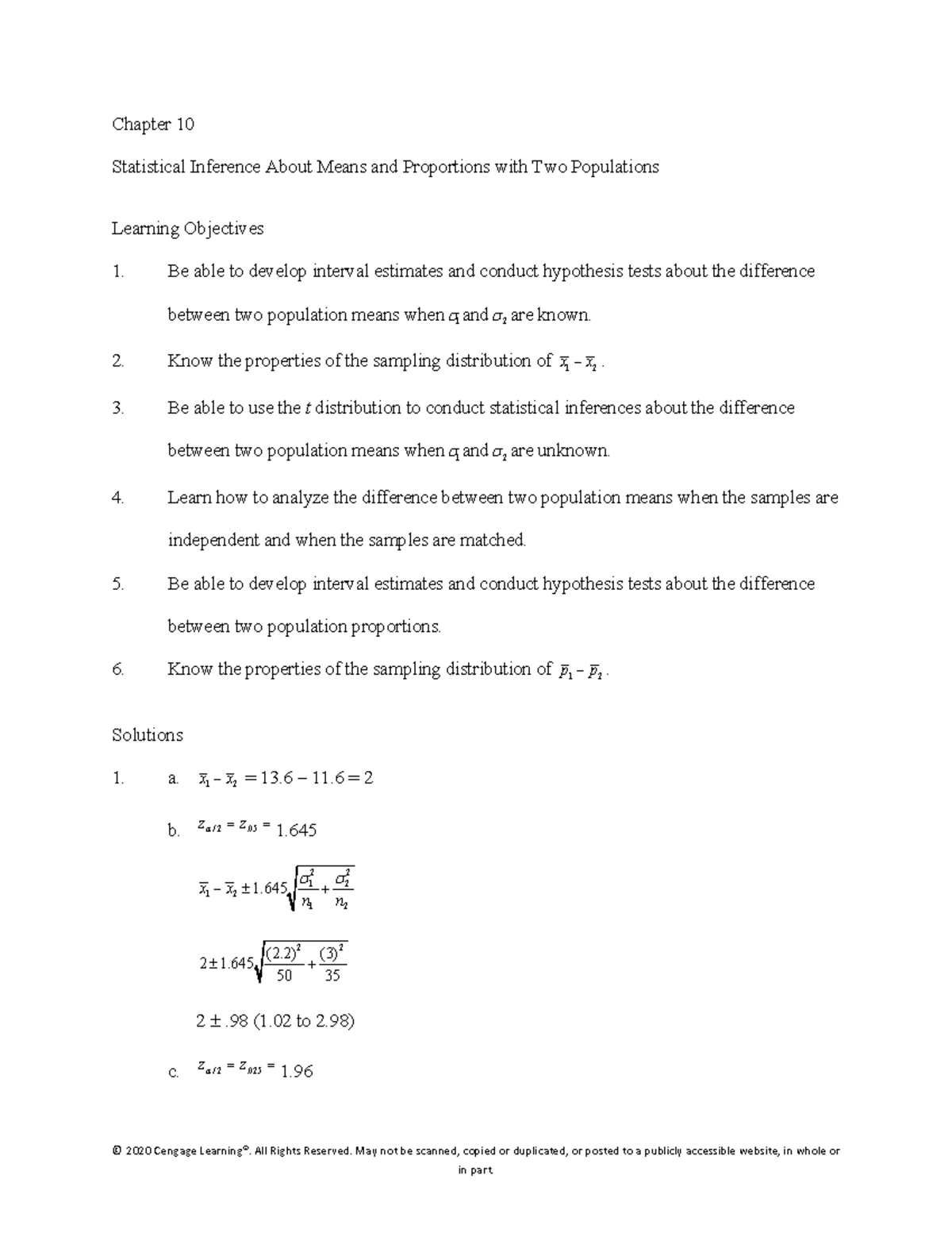 Chapter 10 Statistical Inference: Means & Proportions for Two ...