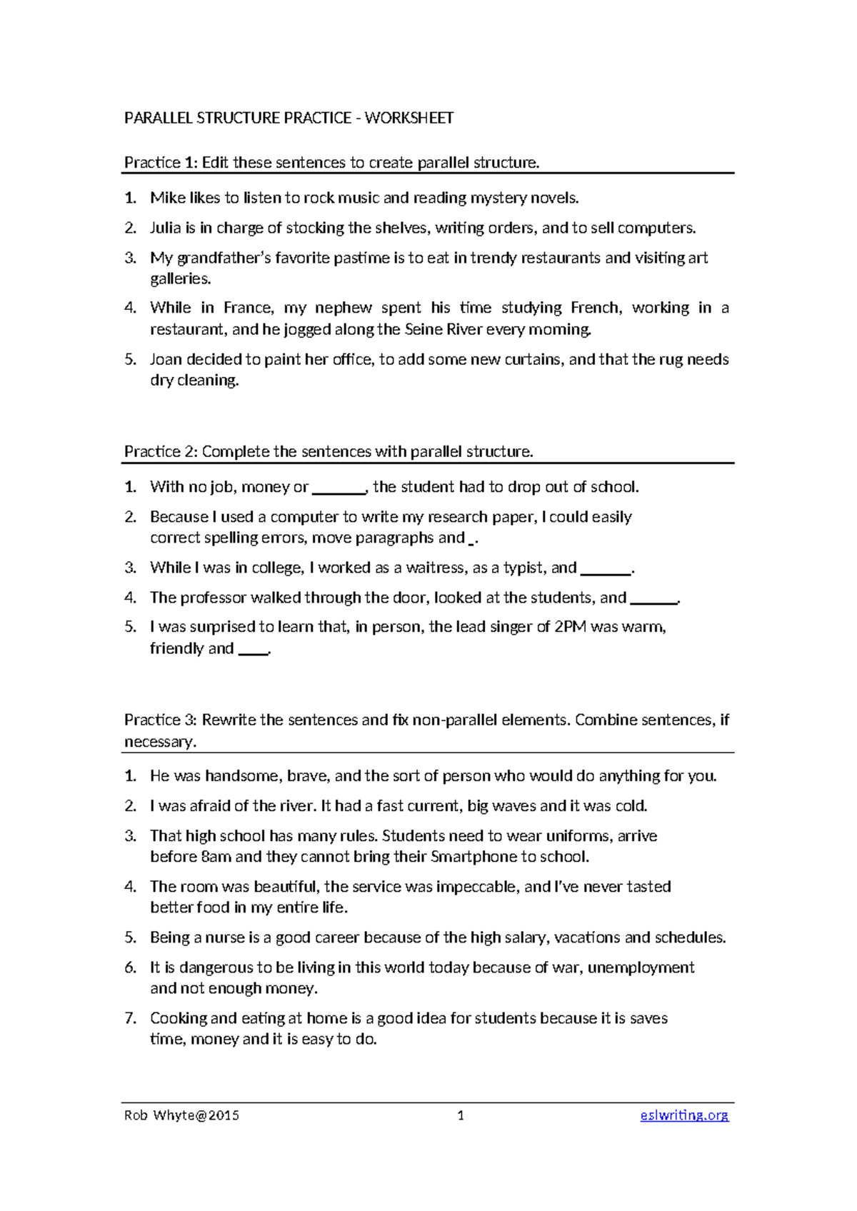 Parallel Structure Worksheet - Practice and Answers 2015 8 10 - Studocu