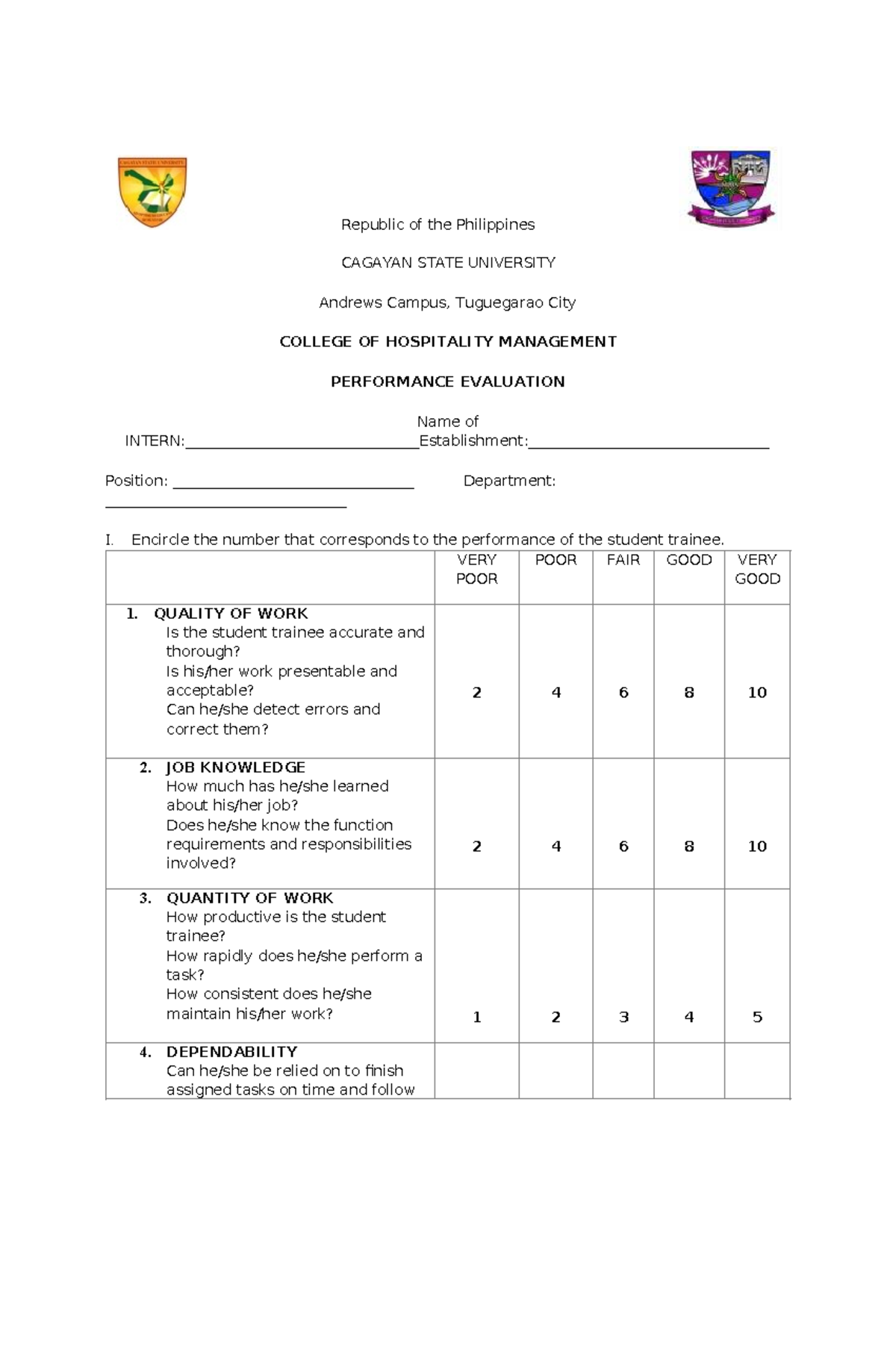 Performance Evaluation for Student Trainee - CAGAYAN STATE UNIVERSITY ...