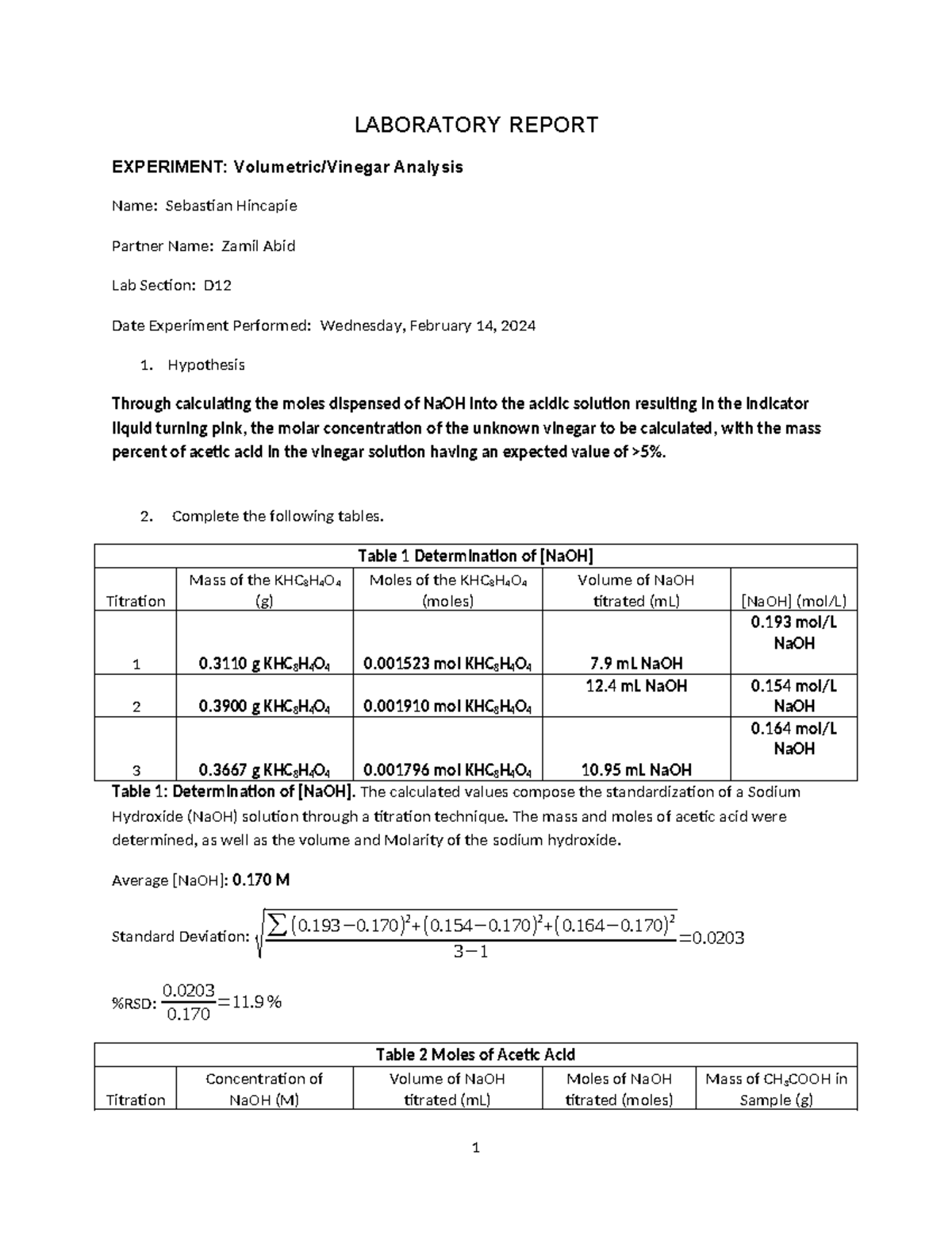 EXPT 9 & 10: Volumetric/Titration Analysis of Acetic Acid in Vinegar ...
