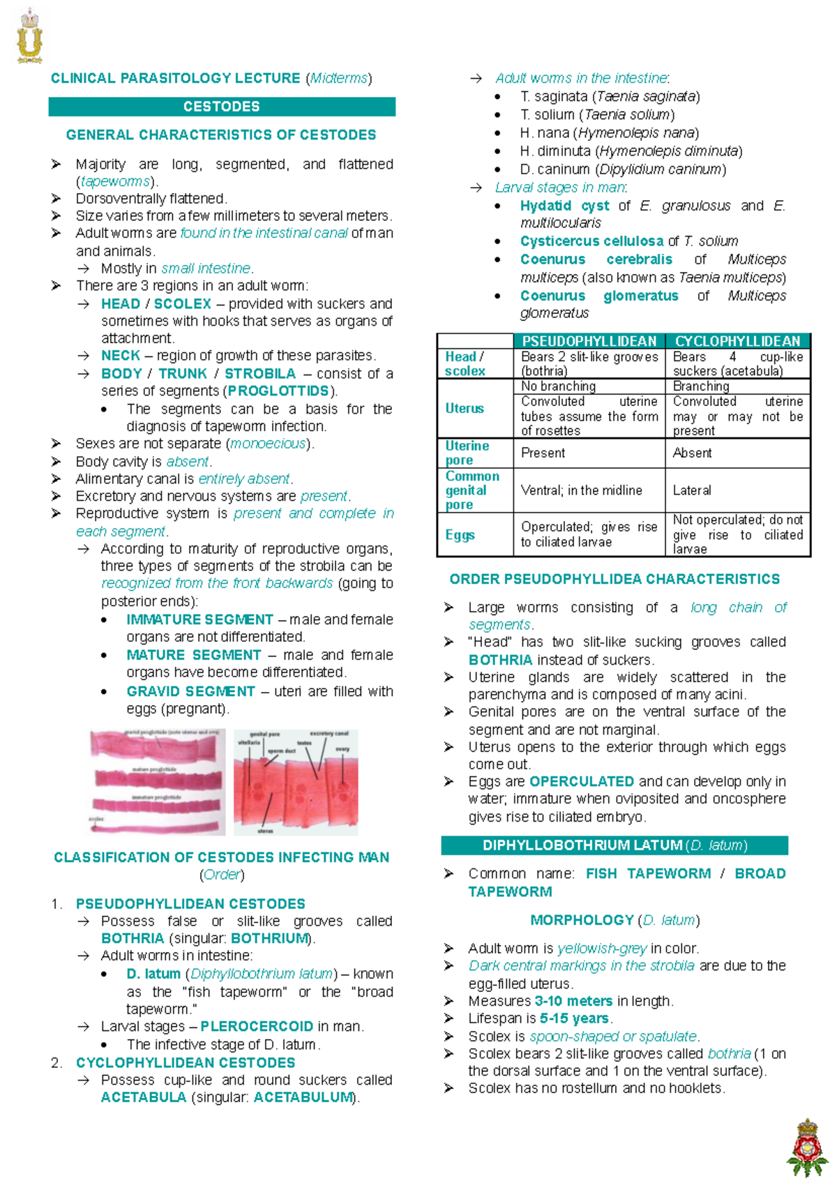Midterms Notes on Clinical Parasitology: Cestodes and Trematodes - Studocu