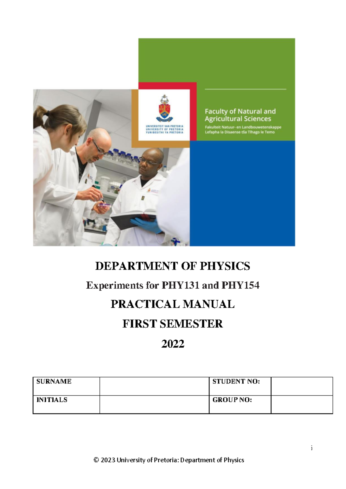 PHY 131 and 154 Lab Manual-2023(3)-2 - i DEPARTMENT OF PHYSICS ...
