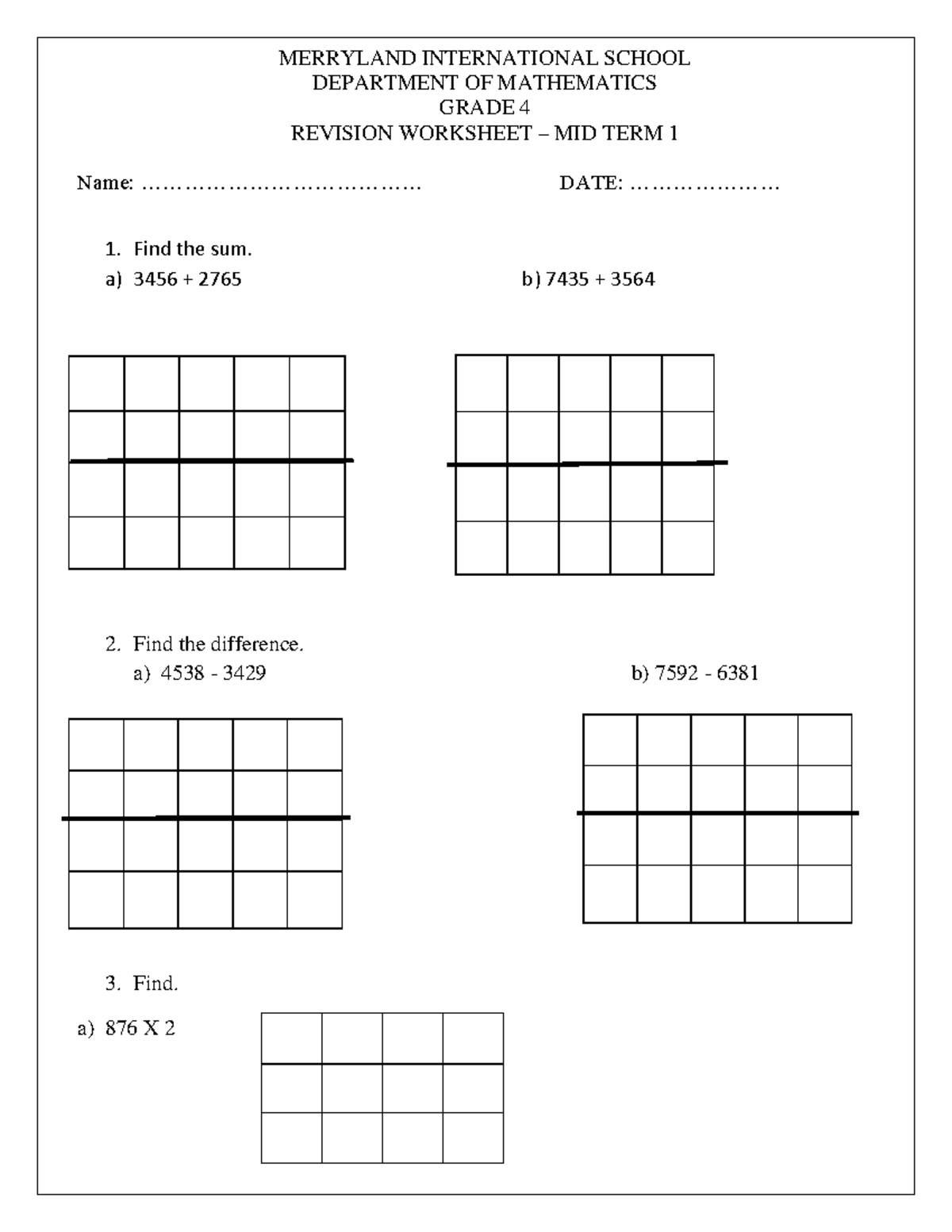 MERRYLAND INT'L SCHOOL GRADE 4 MATH REVISION WORKSHEET MIDTERM 1 - Studocu