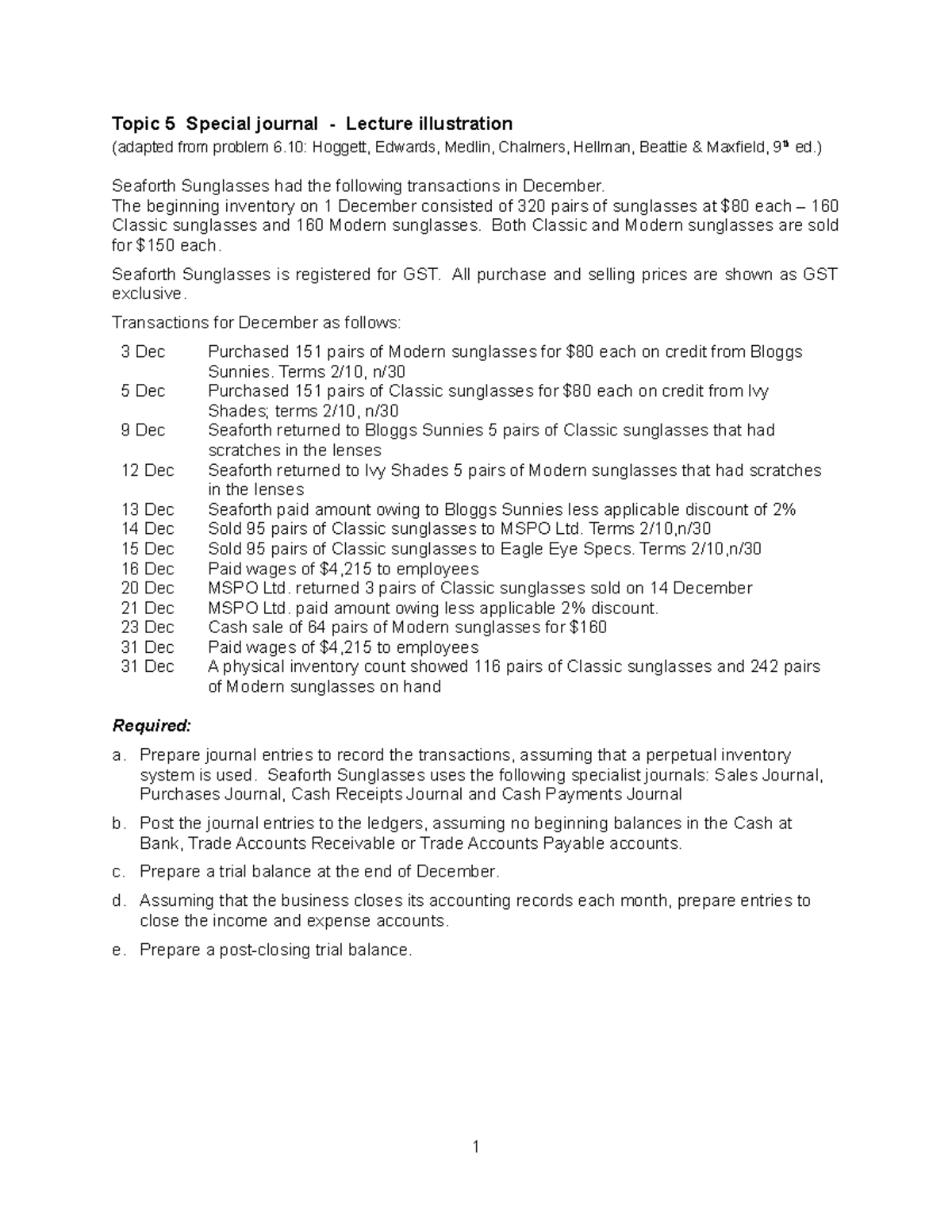 Topic 5 Lecture: Special Journal Example and Journal Entries - Studocu