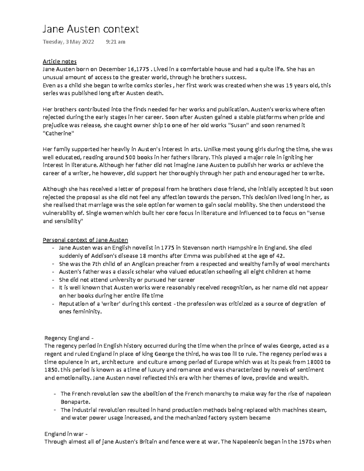 English Literature: Notes on Jane Austen's Life and Context - Studocu