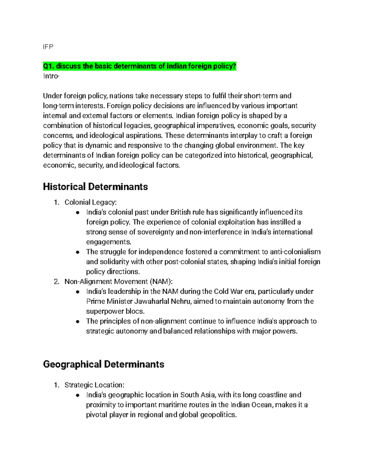 IFP Final Exam: Determinants and Challenges of Indian Foreign Policy ...