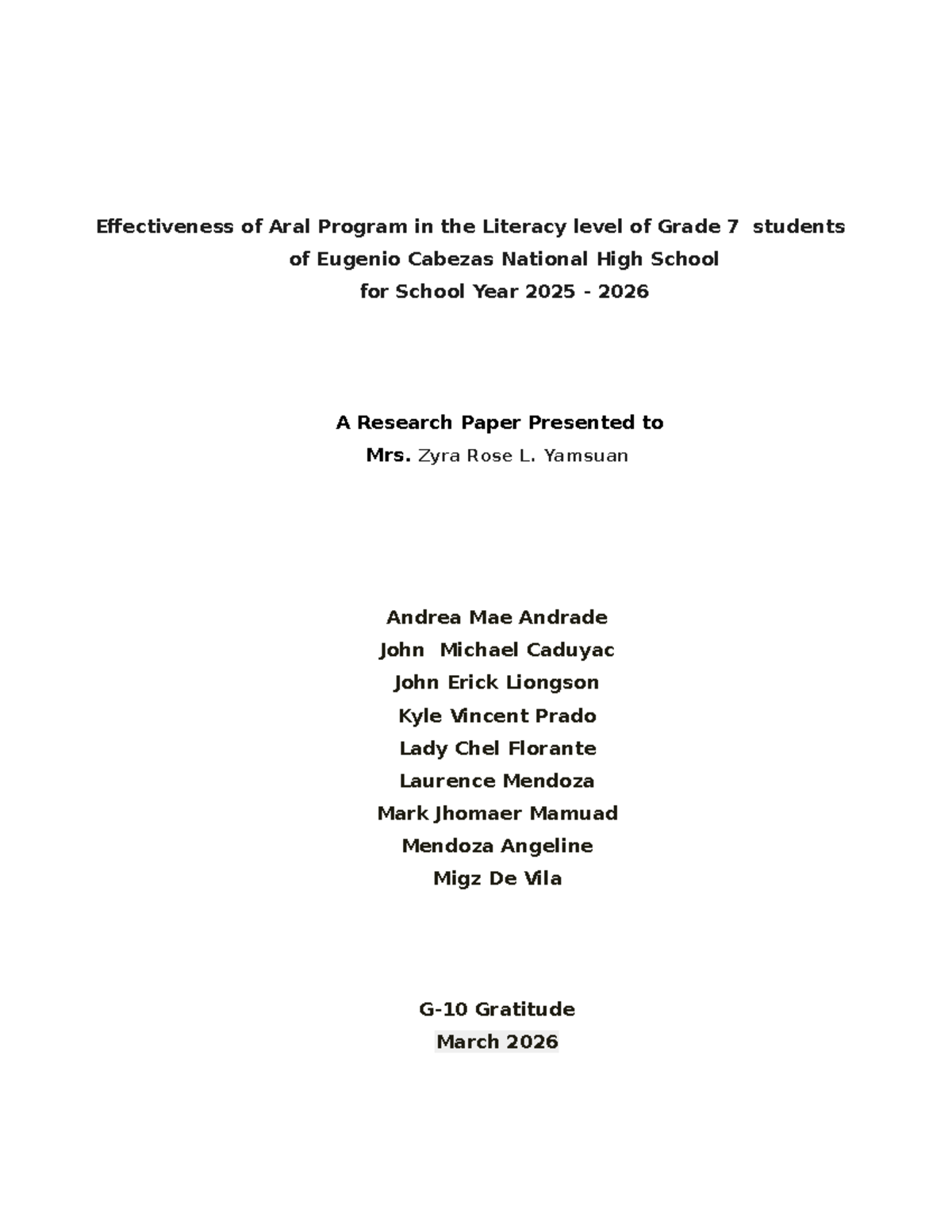 Effectiveness of ARAL Program on Grade 7 Literacy at Eugenio Cabezas HS - Document Preview