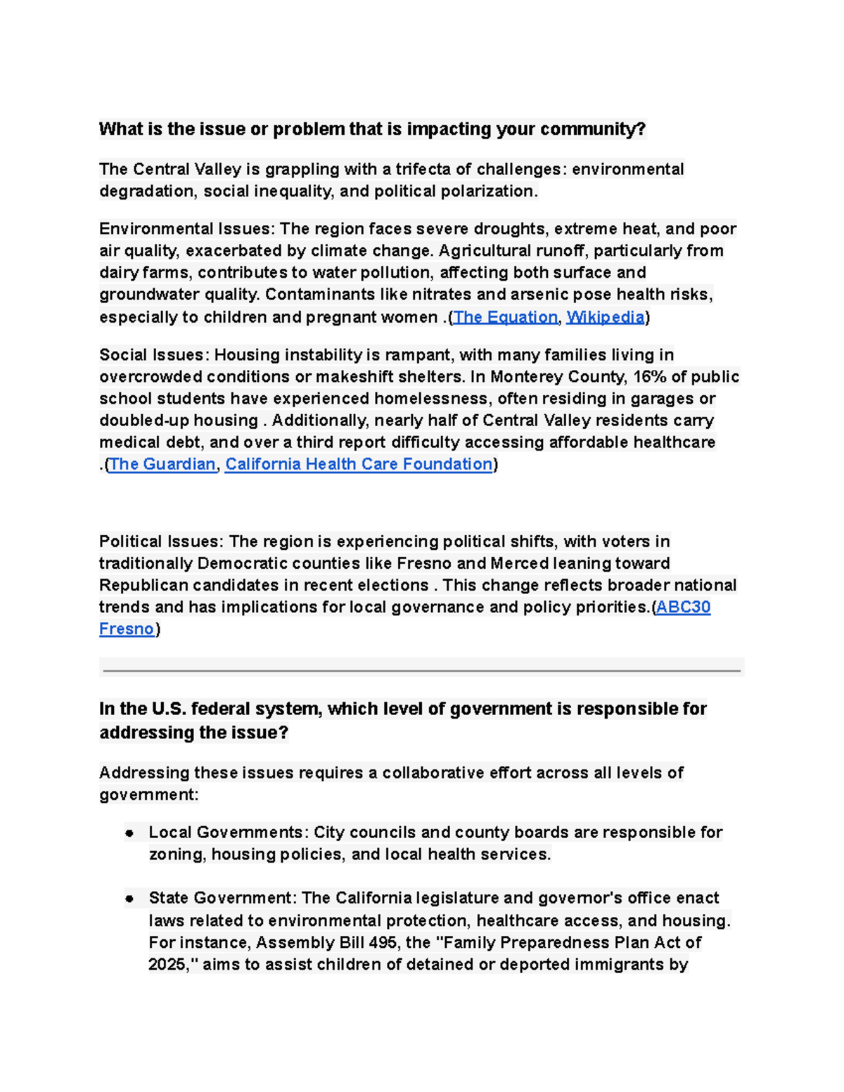 Central Valley Community Issues: Environmental, Social, and Political ...
