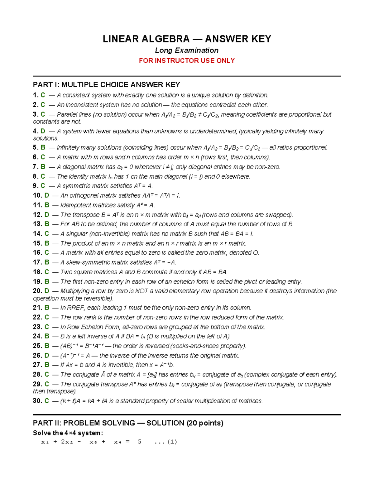 Linear Algebra (MATH 201) Long Exam Answer Key for Instructors - Studocu
