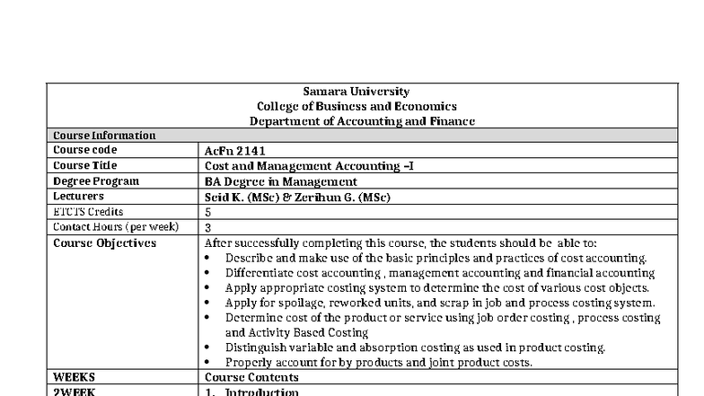 AcFn 2141 Course Outline: Cost & Management Accounting I - Studocu