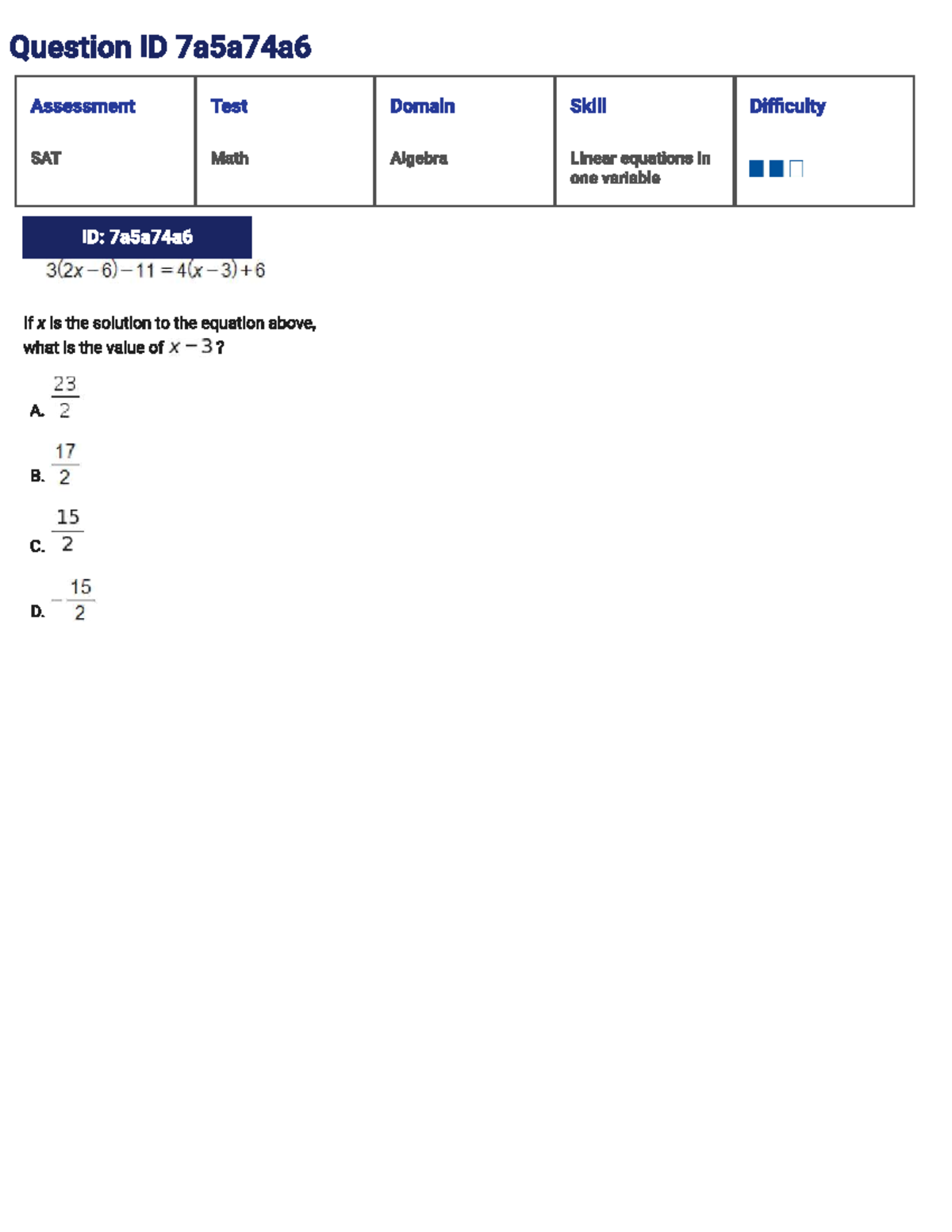 SAT Math Algebra: Linear Equations in One Variable Assessment Test ...