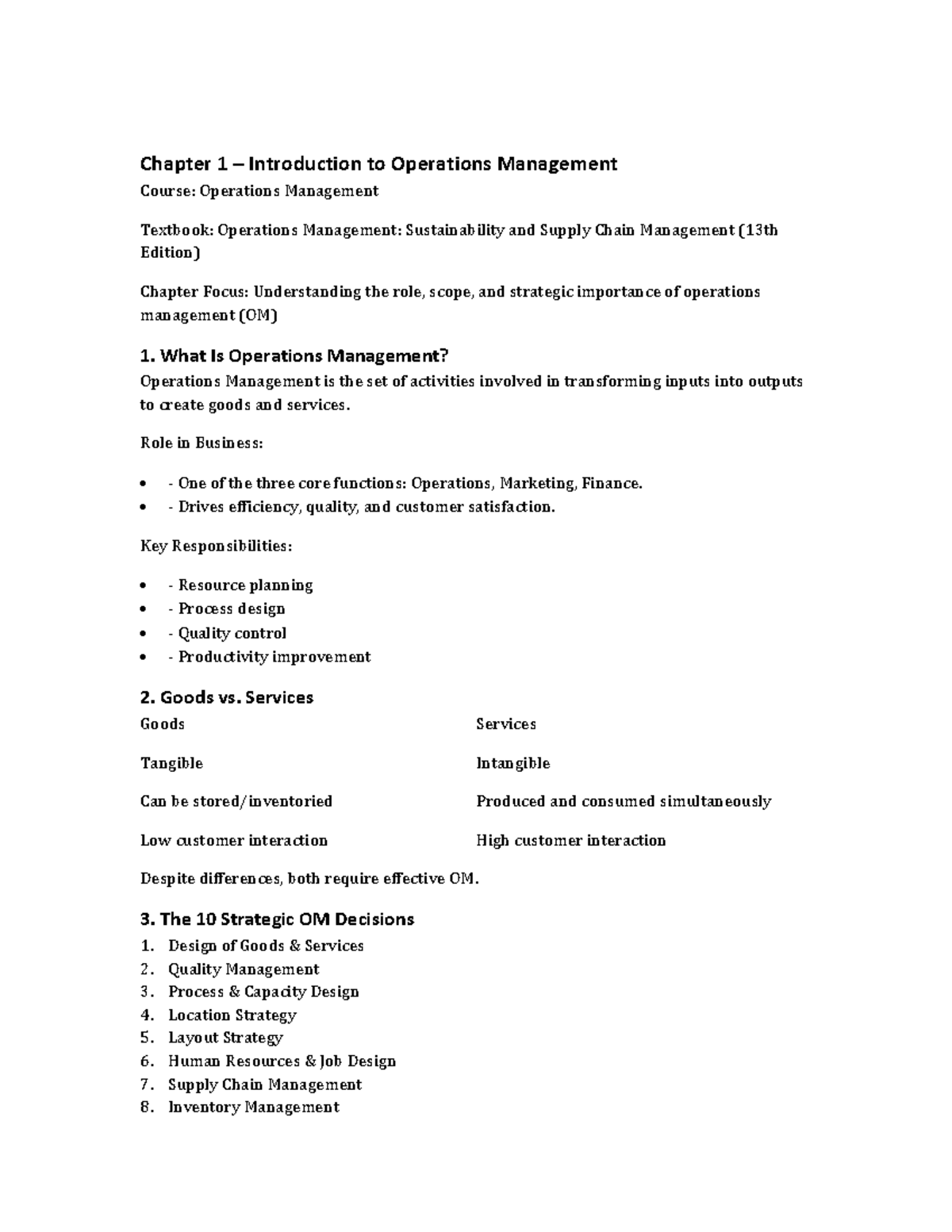OM Chapter 1: Introduction to Operations Management Overview - Studocu