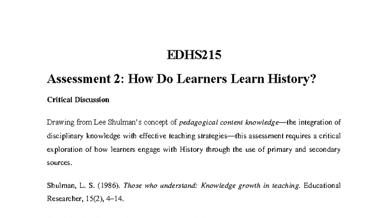 EDHS215 Assessment 2: Engaging Learners with History Sources - Studocu
