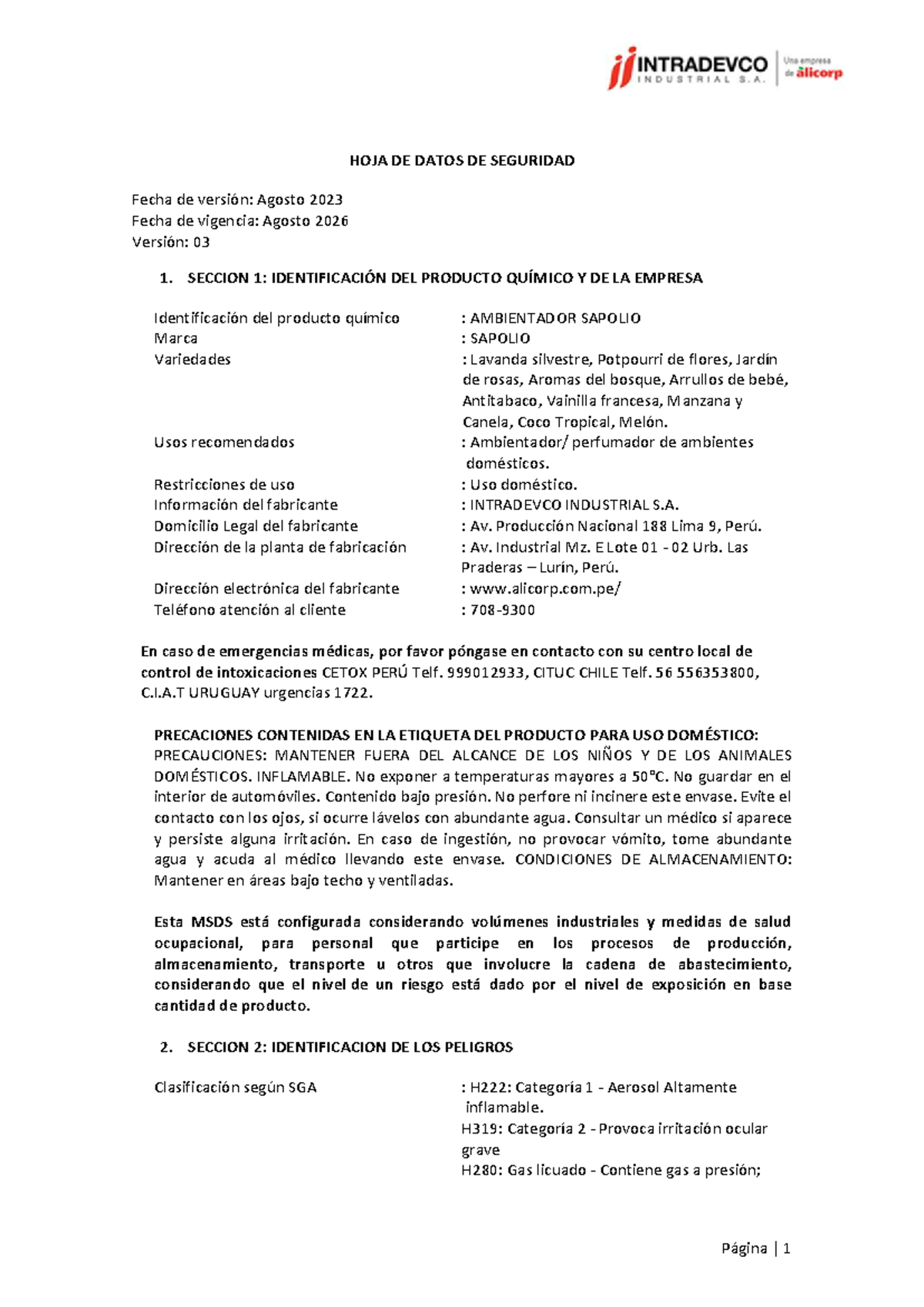 MSDS Ambientador Sapolio - Seguridad y Manejo (Agosto 2023) - Document Preview