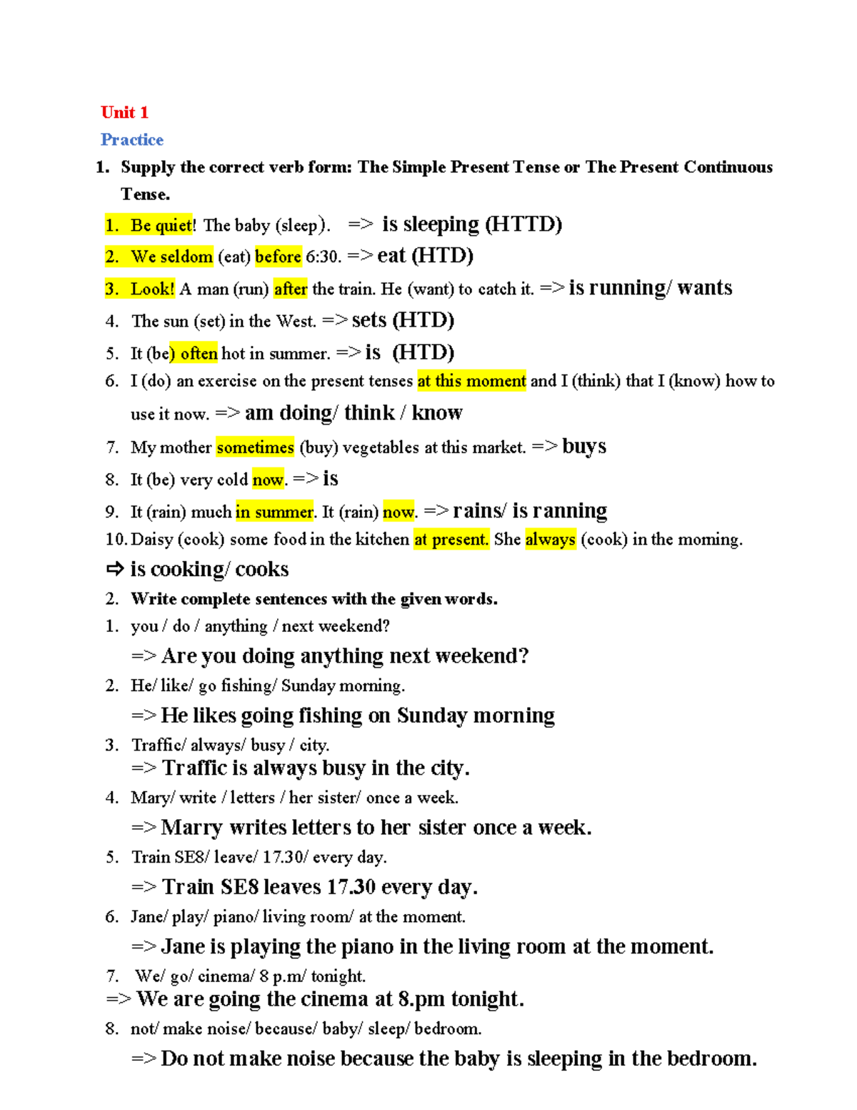 Unit 1 Practice 1: Simple Present & Present Continuous Tense Exercises ...