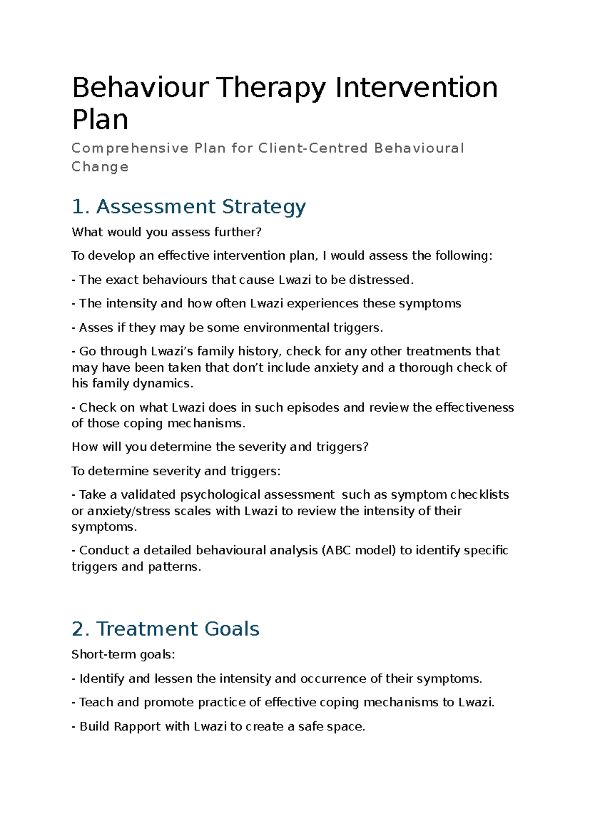 Behaviour Therapy Intervention Plan: Strategies for Lwazi's Change ...