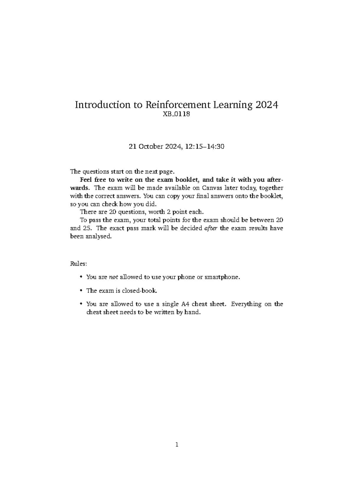 Reinforcement Learning Exam (XB 0118) with Answers - Fall 2024 ...