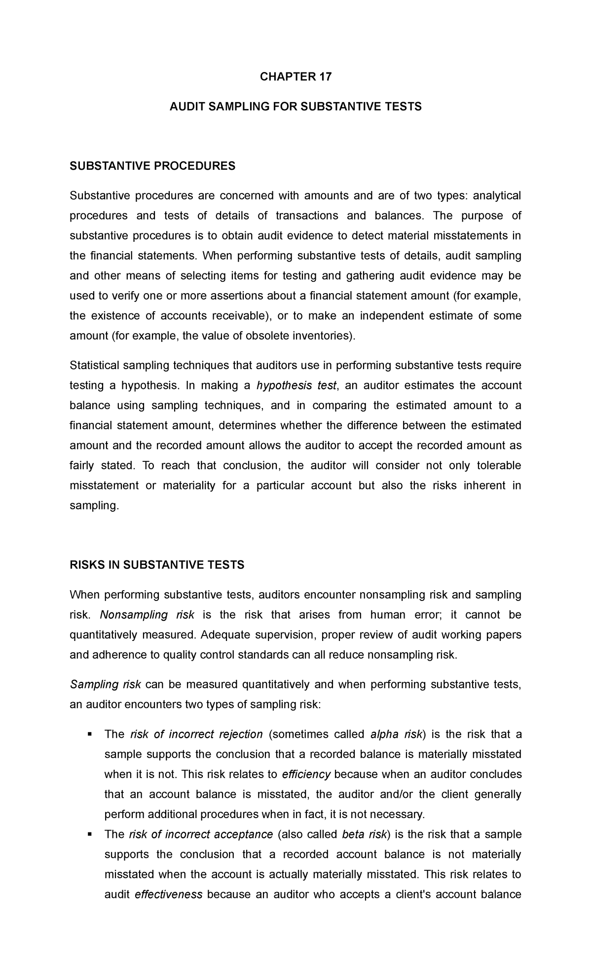 PRE 1 Auditing - Ch 17: Overview of Audit Sampling Techniques - Studocu