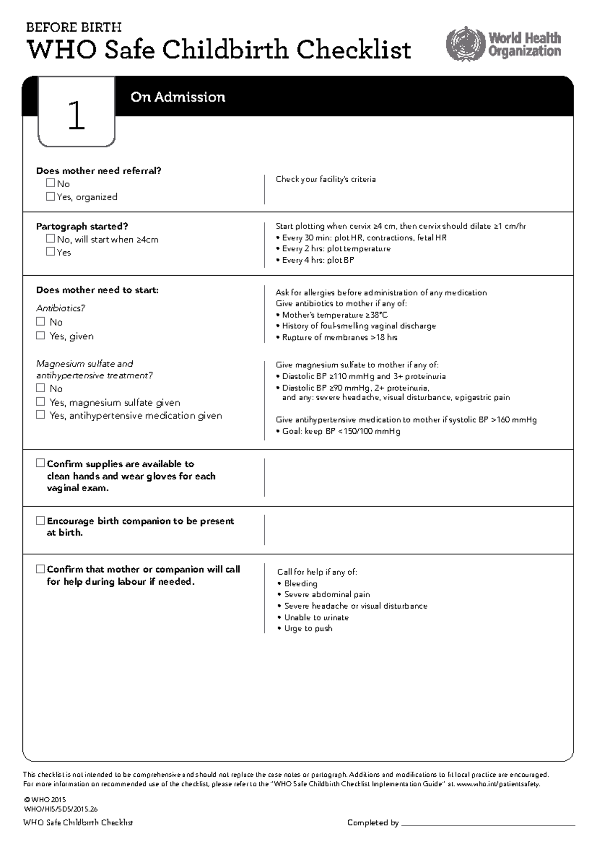 WHO HIS SDS 2015 - Safe Childbirth Checklist Summary for MD Students ...