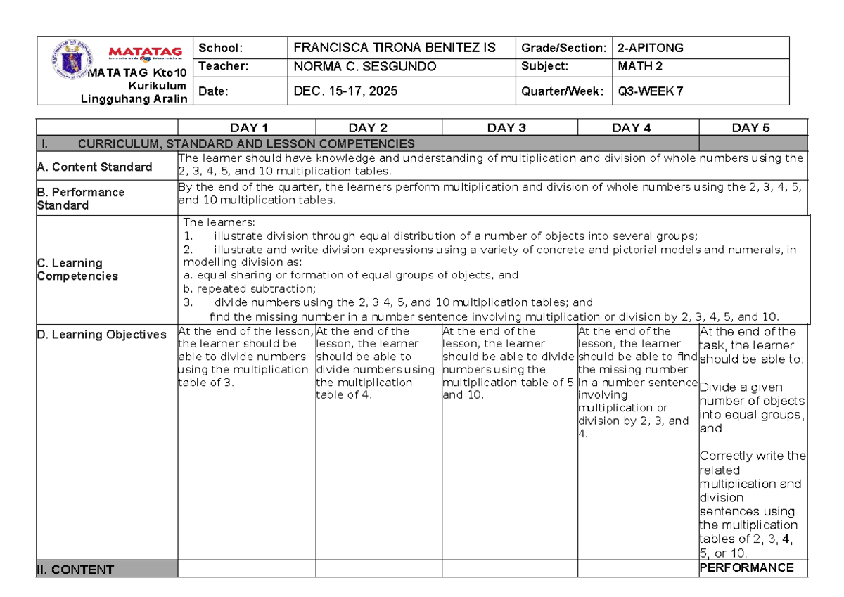 MATH 2 Lesson Plan: Multiplication & Division Concepts (Week 7) - Studocu