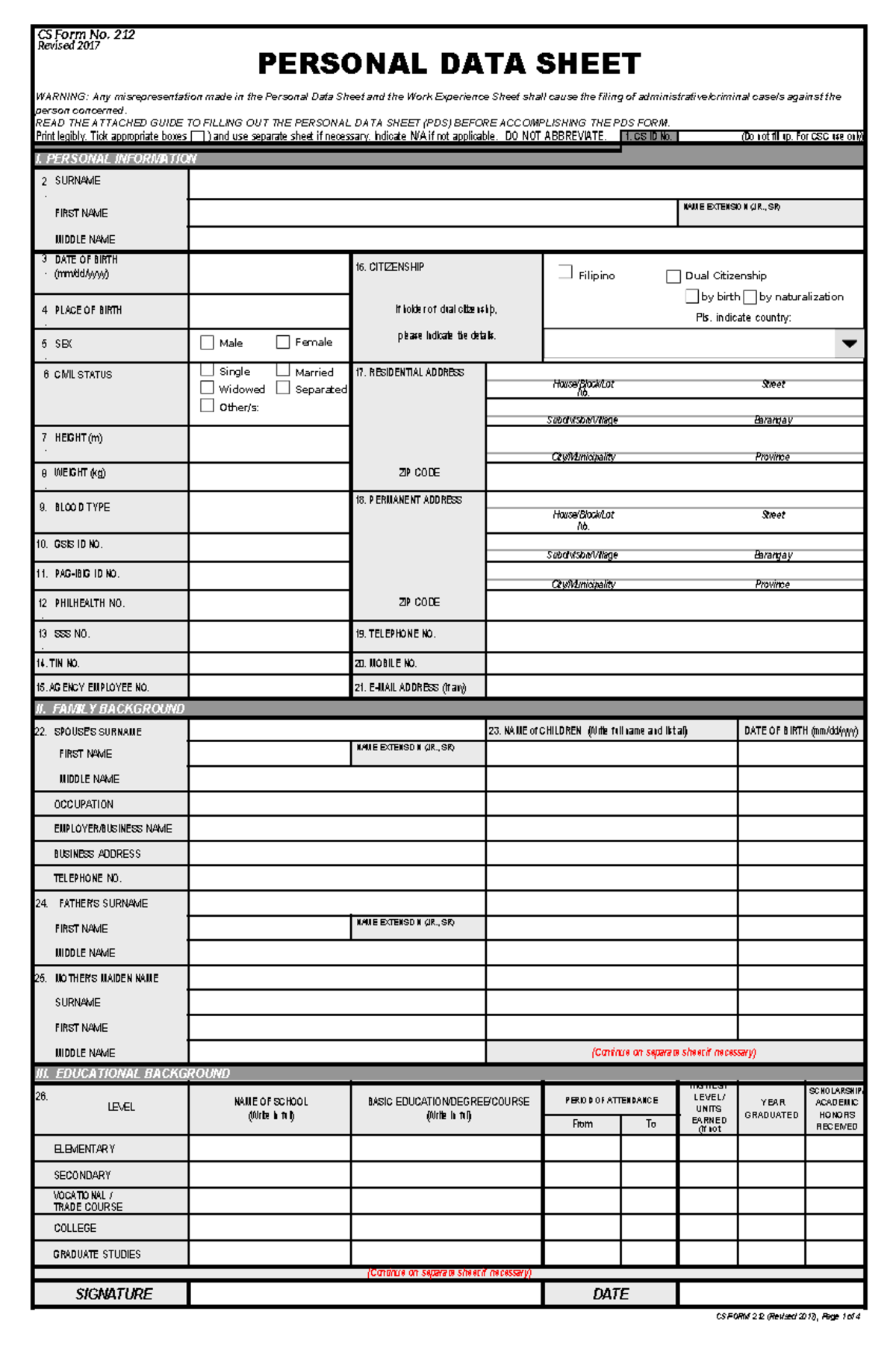 Personal Data Sheet CS Form No - ( CS Form No. 212 Revised 2017 ...