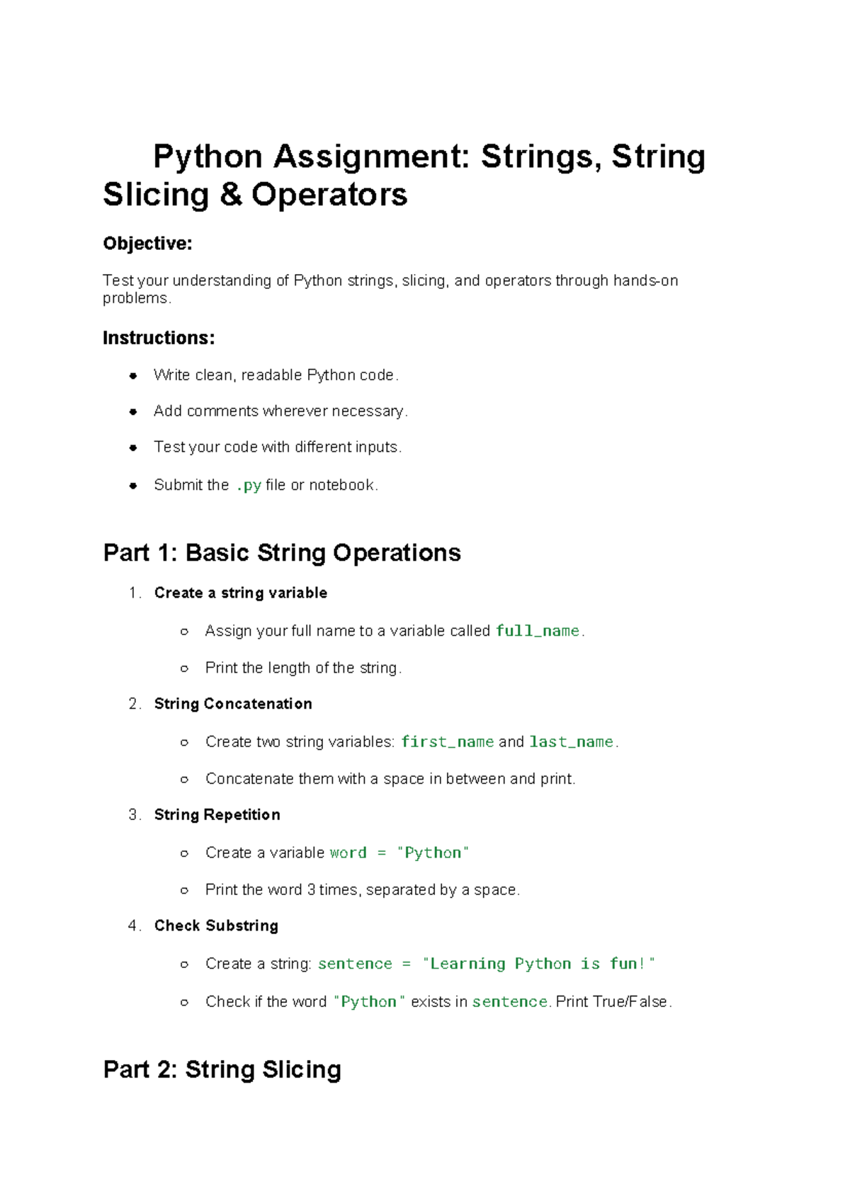 Python Assignment 1: Strings & Slicing Operations - Studocu