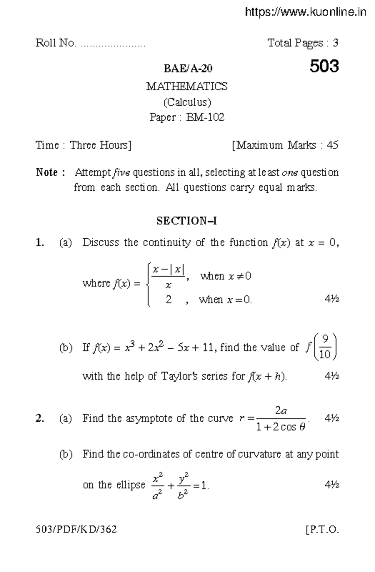 BSc Part 1 Mathematics (Calculus) 503 Exam Paper 2020 - Studocu