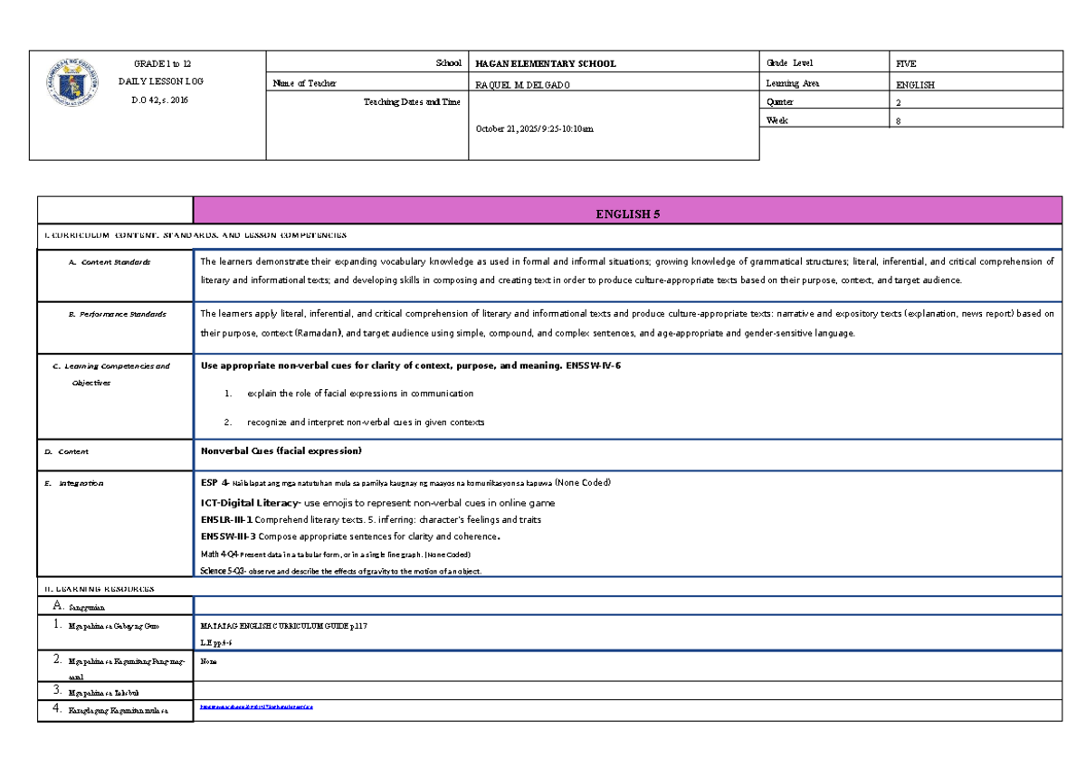 CO 1 LP - Daily Lesson Log for Grade 5 English (Q2 W8) - Studocu