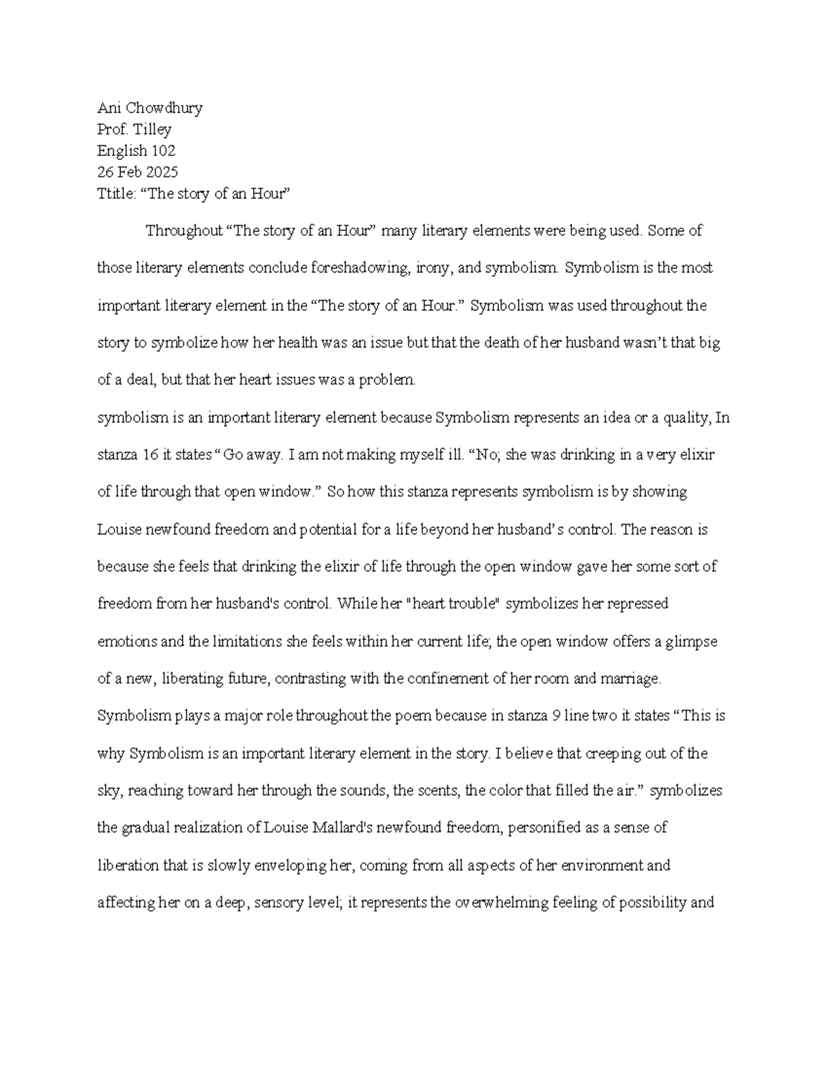 English 102 Essay Notes: Analyzing Symbolism in Literary Elements - Studocu